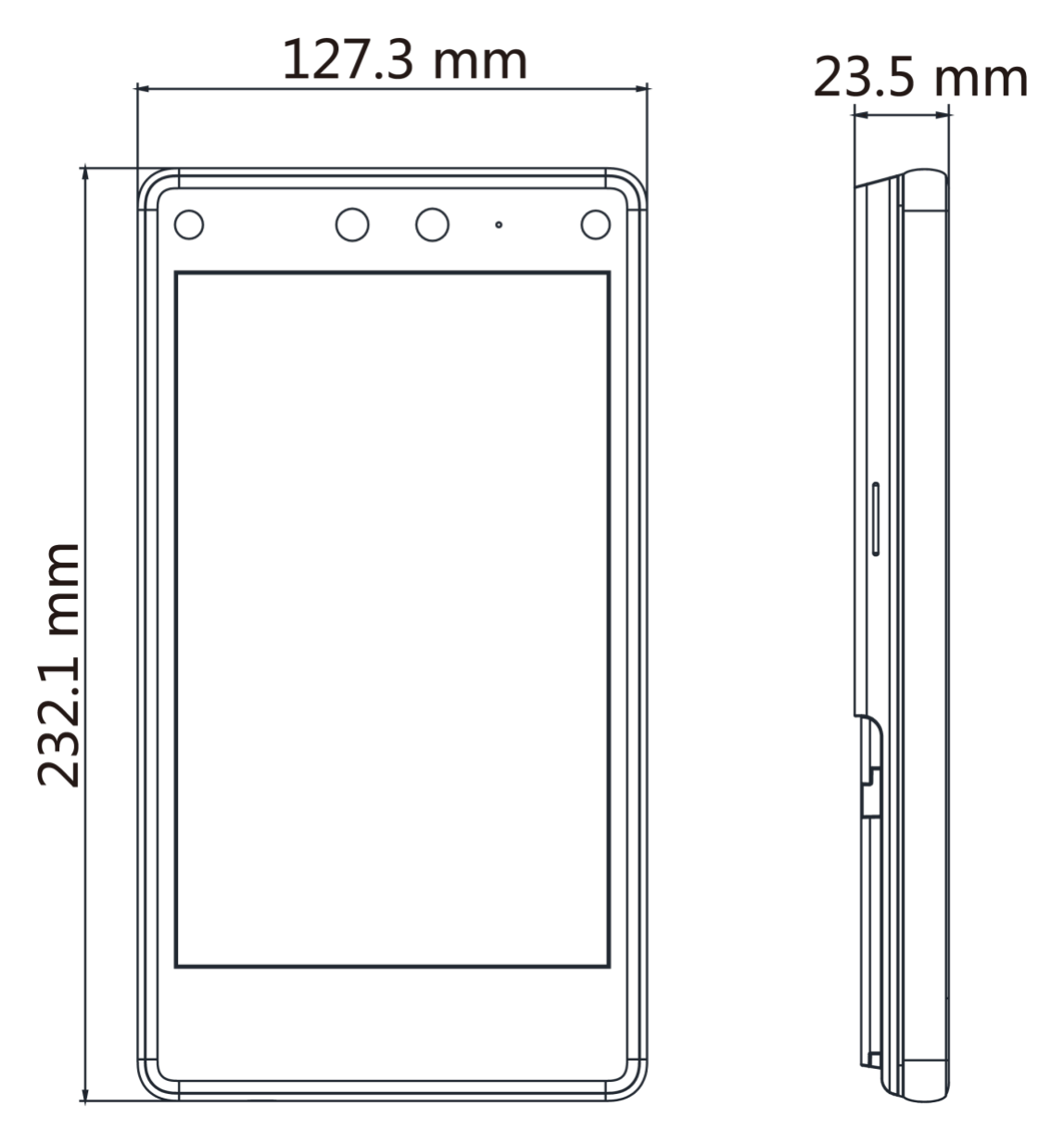 DS-K1T680DG 外形尺寸圖 127.3 mm × 232.1 mm × 23.5 mm (5.0'' × 9.1'' × 0.9'' )|Unit: mm