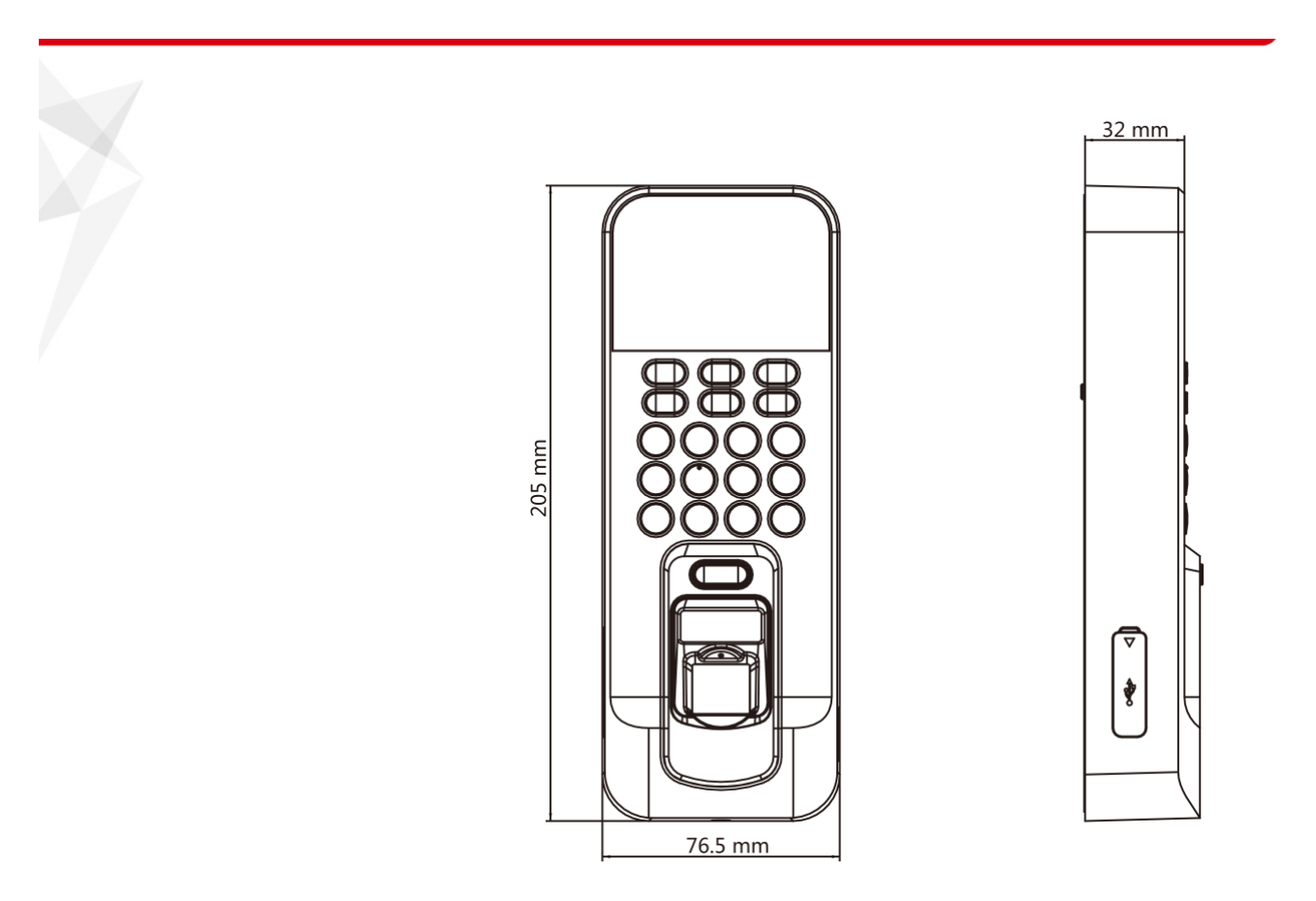 DS-K1T804AEF 外形尺寸圖 205 mm × 76.5 mm × 37 mm (8.07" × 3.01" × 1.46")｜Unit: mm