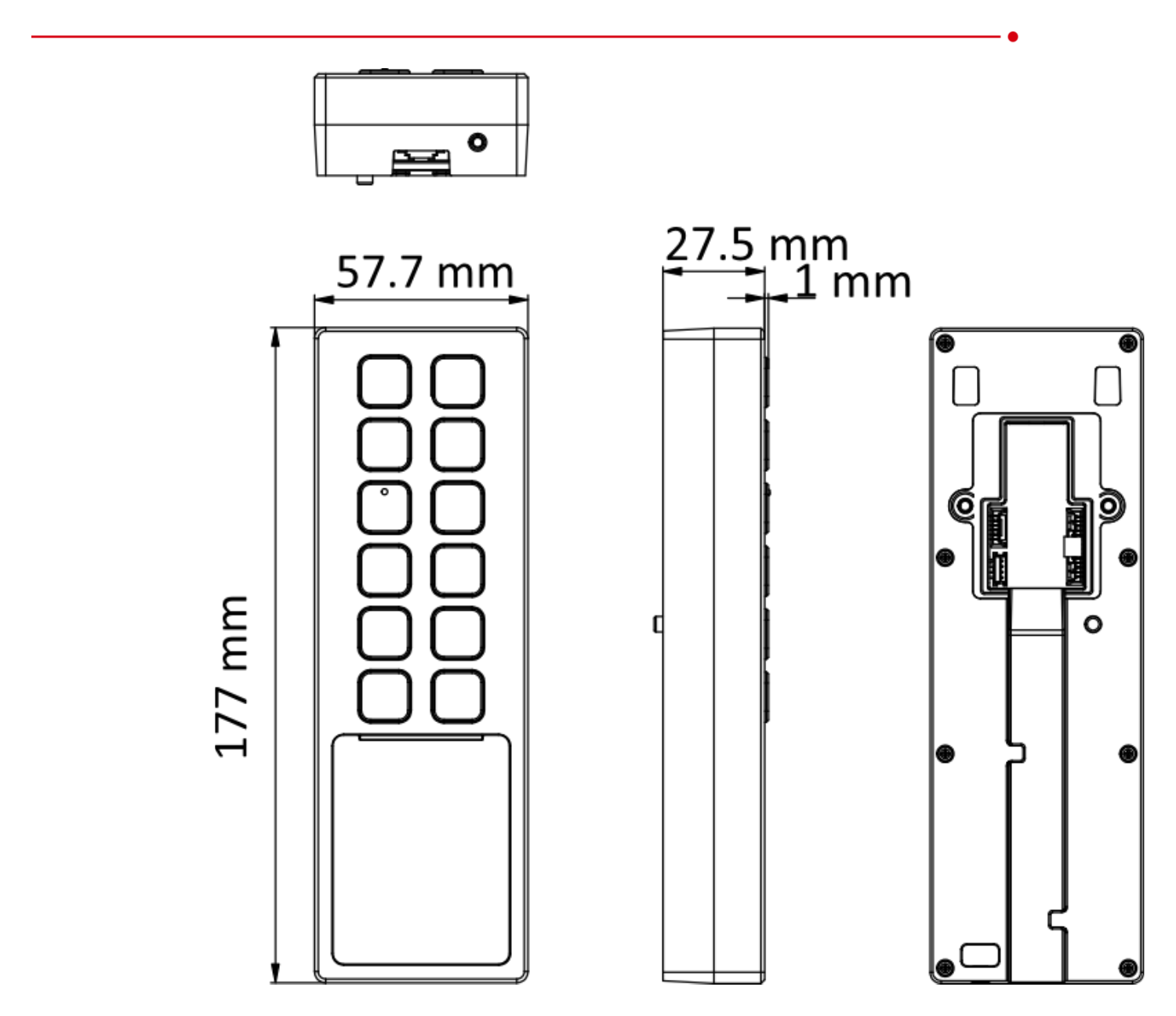 DS-K1T805EX 外形尺寸圖 57.7 mm × 177 mm × 34.6 mm (2.3" × 7.0" × 1.4") English, Vietnamese, Brazilian Portuguese, Spanish, French, Italian, Ara