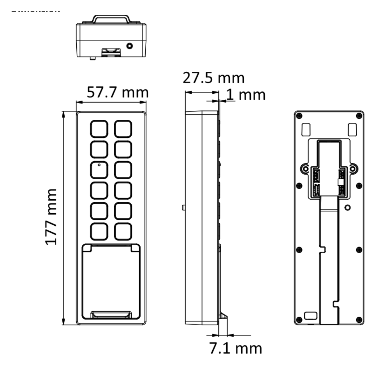 DS-K1T805MBFWX 外形尺寸圖 57.7 mm × 177 mm × 34.6 mm (2.3" × 7.0" × 1.4")｜Unit: mm