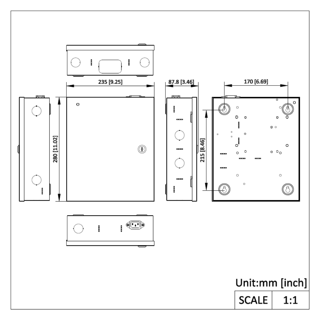 DS-K2220X 外形尺寸圖 235 mm × 280 mm × 87.8 mm（9.25" ×11.02" × 3.46"）｜Unit: mm