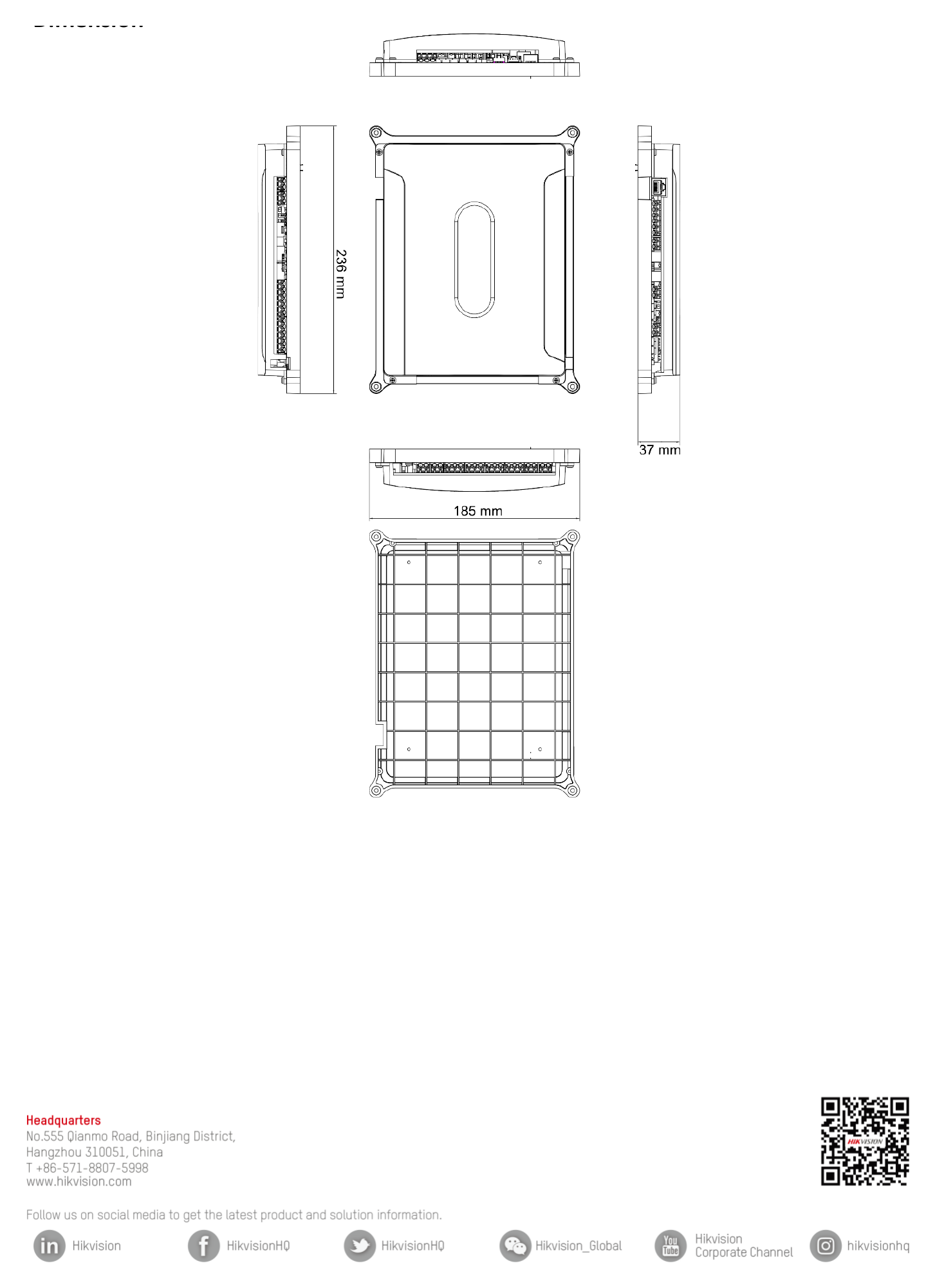 DS-K2601T 外形尺寸圖 236 mm × 185 mm × 37 mm (9.3" × 7.3" × 1.5")|Unit: mm