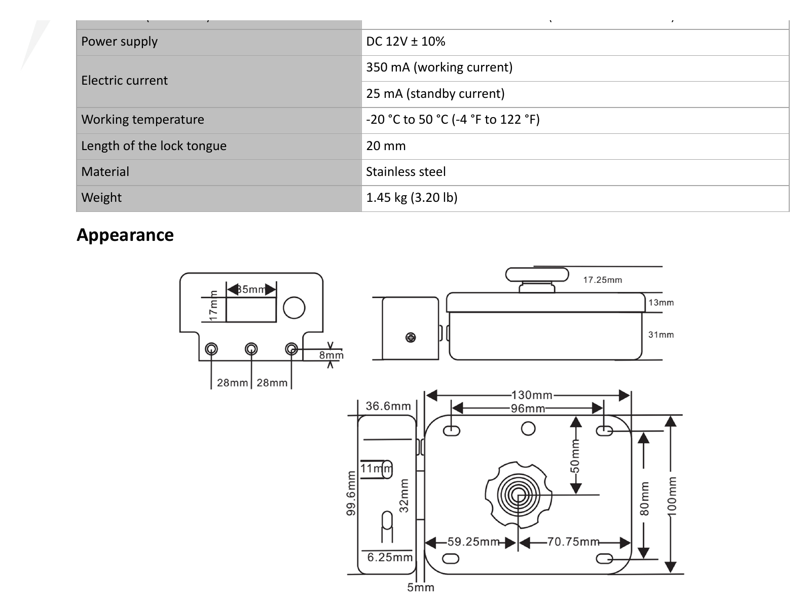DS-K4E100 外形尺寸圖 130 mm × 100 mm × 61.25 mm (5.12" × 3.94" × 2.41")｜重量 1.45 kg (3.20 lb)｜Unit: mm