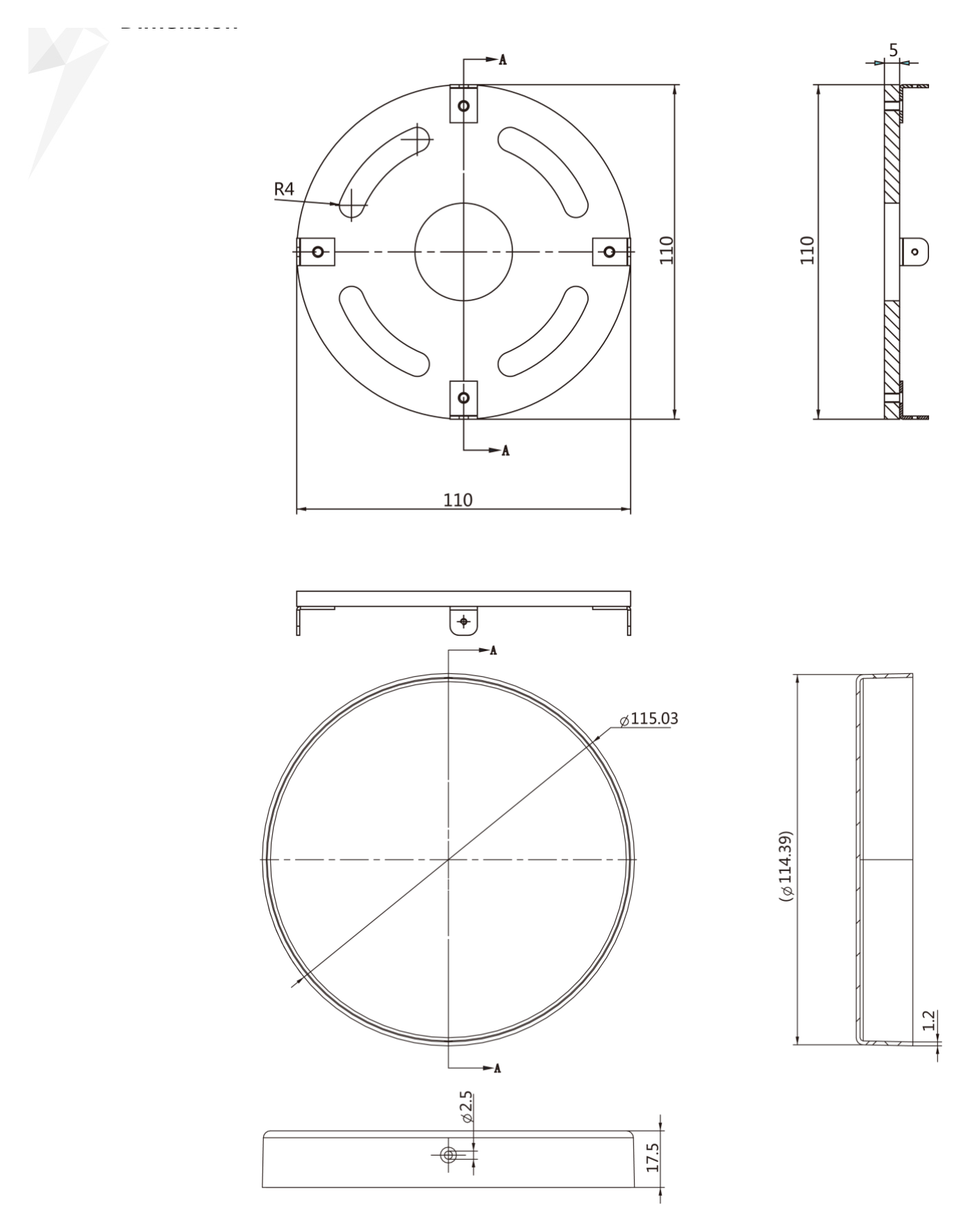 DS-KAB-COVER 外形尺寸圖 115 mm × 115 mm × 18 mm (4.53" × 4.53" × 0.71")|Unit: mm