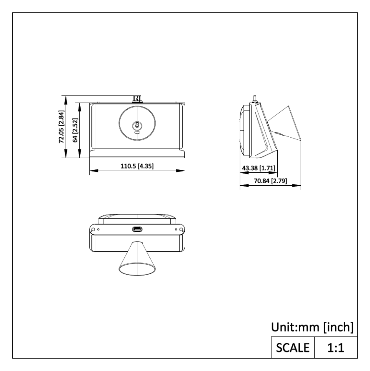 DS-KAB673-A 外形尺寸圖 110.5 mm × 72 mm × 43.4 mm (4.35" × 2.84" × 1.71") Net weight: 135 g (0.3 lb) Weight Rough weight: 223 g (0.49 lb)｜Unit: