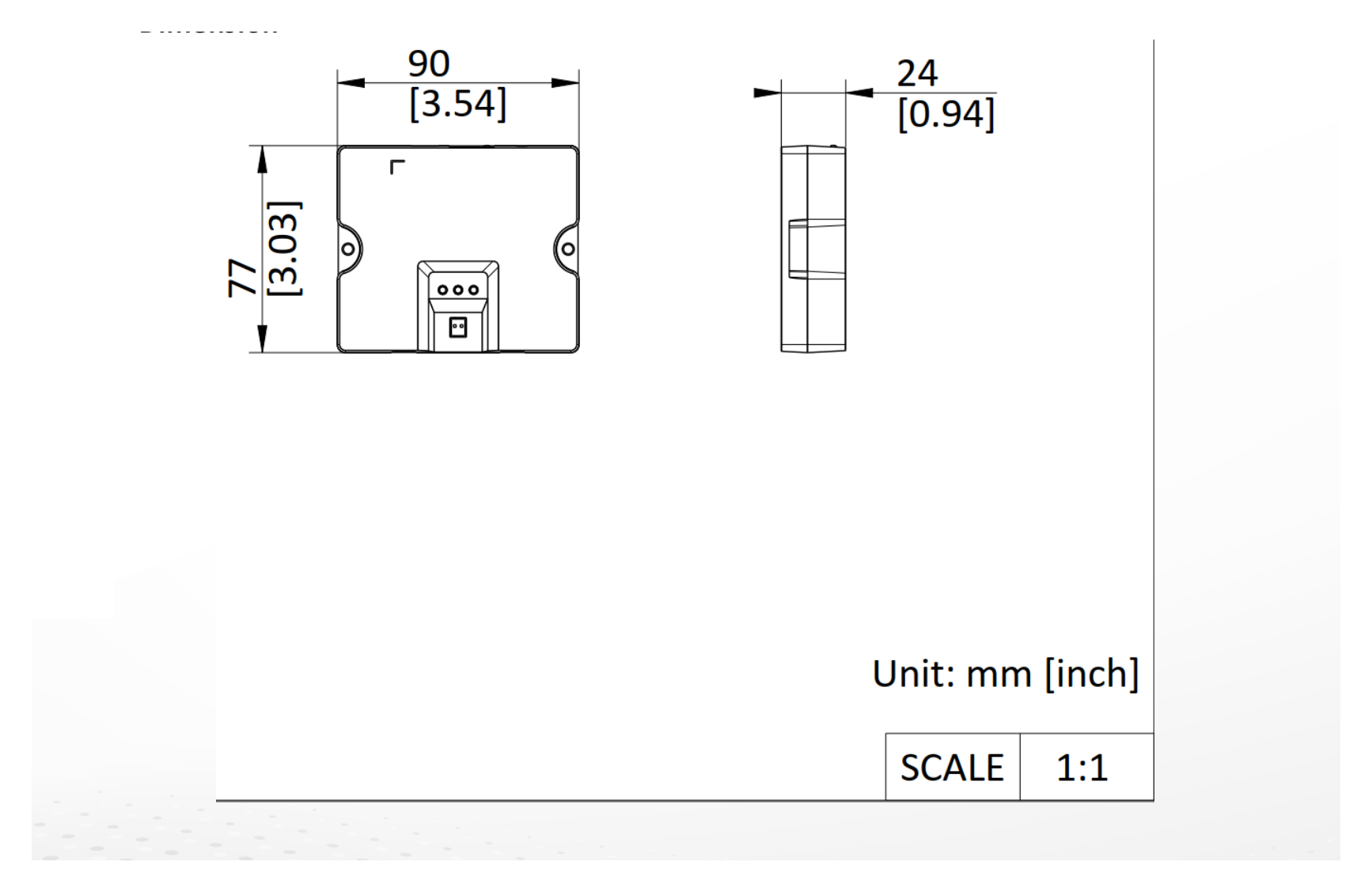 DS-KAD-E2 外形尺寸圖 90 mm × 77 mm × 24 mm (3.54" × 3.03" × 0.94") Video Audio Distributor 3(for indicating device operation status, Includes