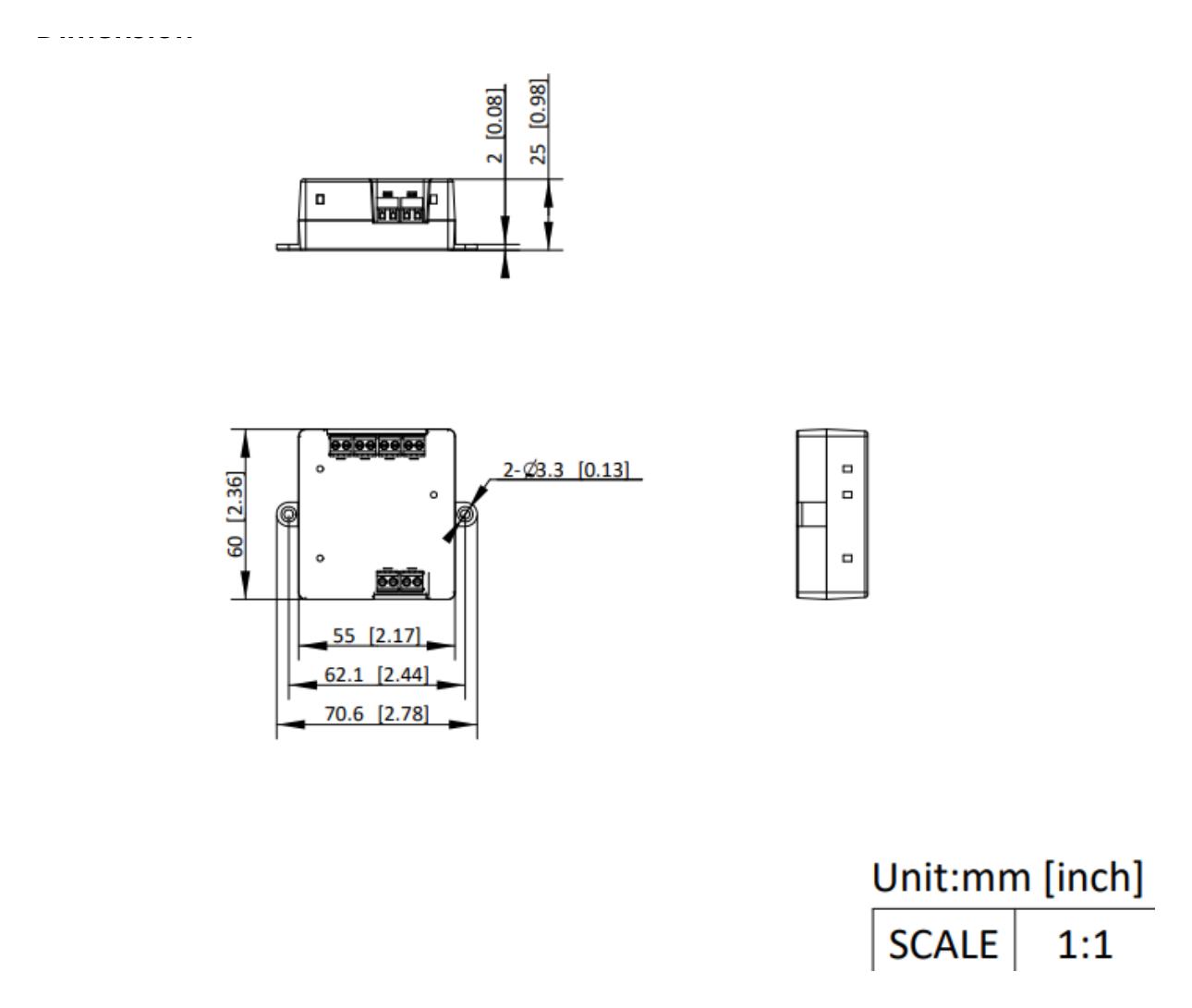 DS-KAD7061EY 外形尺寸圖 70.6 mm × 60 mm × 25 mm (2.78" × 2.36" × 0.98")｜Unit: mm