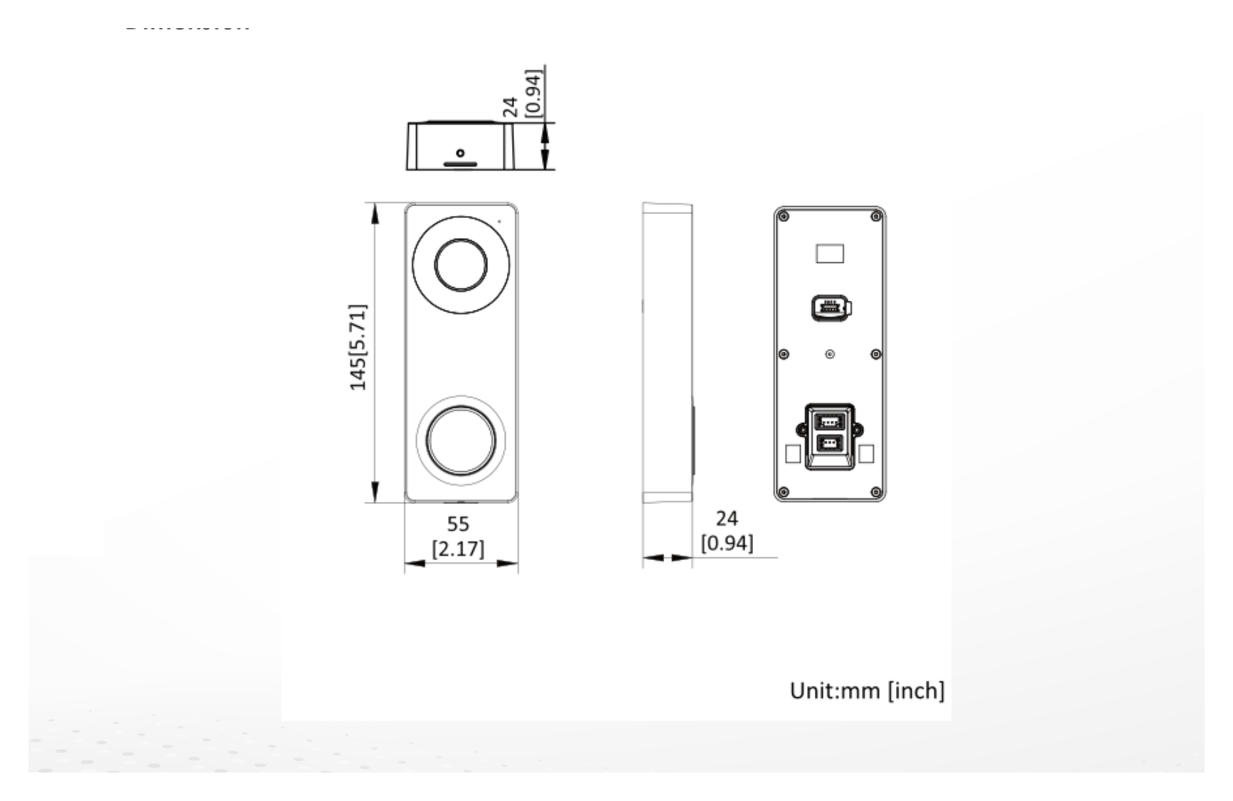 DS-KB2422T-IM 外形尺寸圖 55 mm × 145 mm × 24 mm (2.17" × 5.71" × 0.94")｜Unit: mm