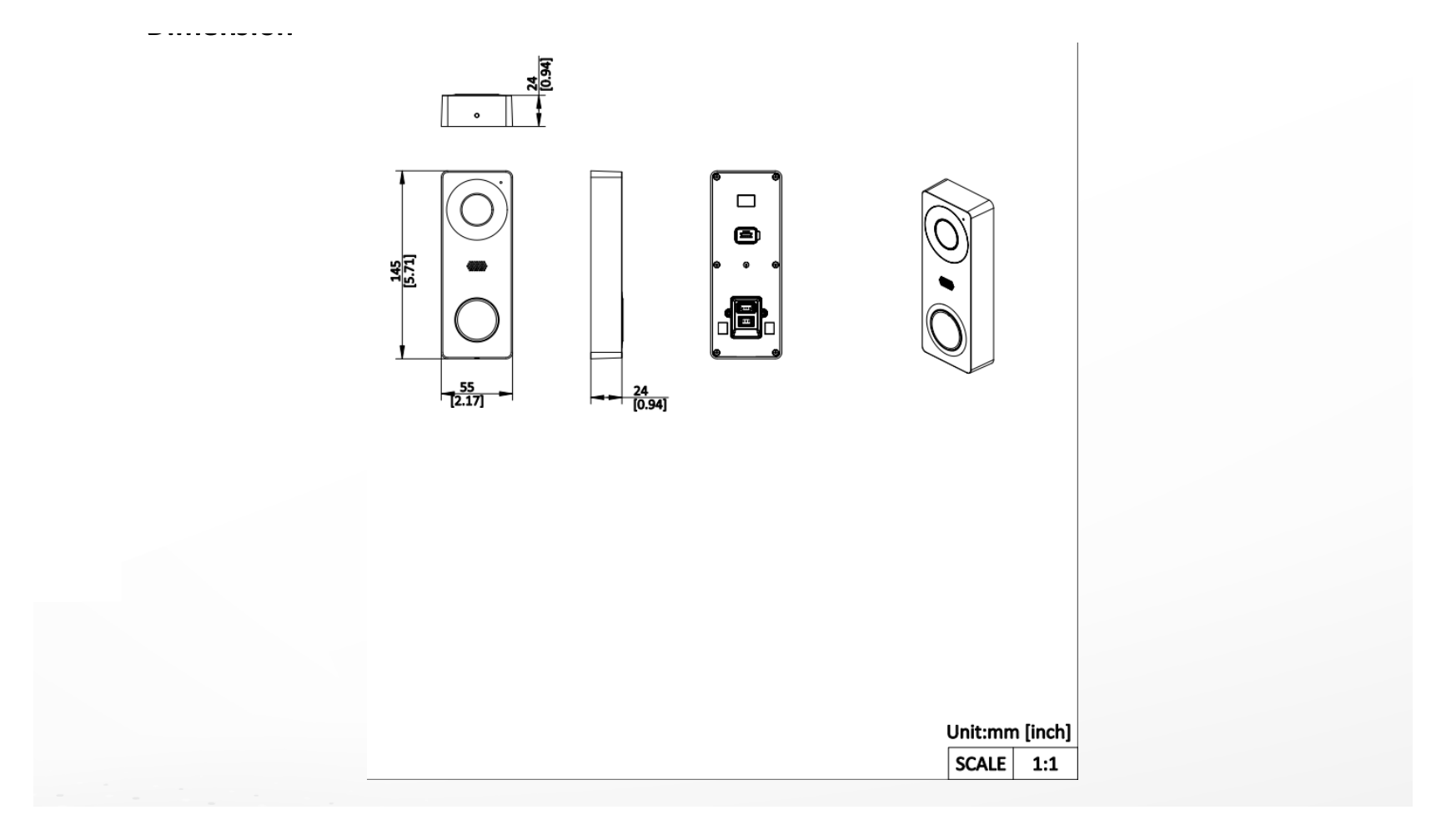 DS-KB2422T-IMB 外形尺寸圖 55 mm × 145 mm × 24 mm (2.17" × 5.71" × 0.94")｜Unit: mm