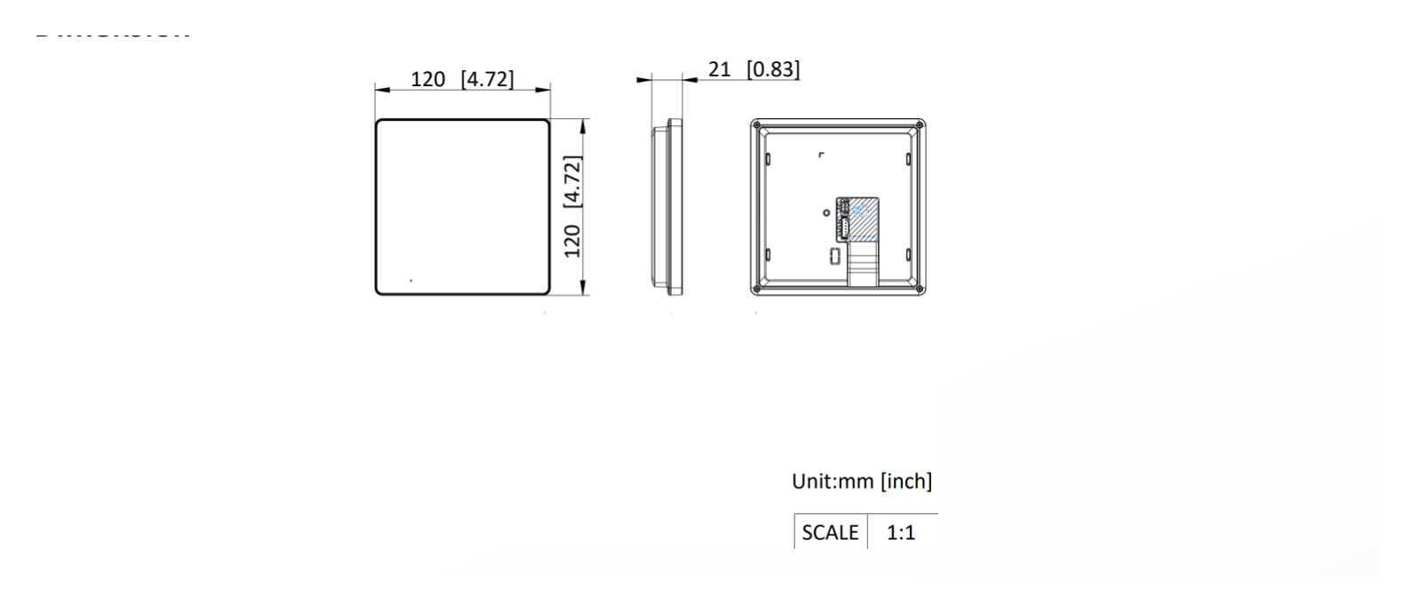 DS-KH6100-E1 外形尺寸圖 120 mm × 120 mm × 21 mm (4.7" × 4.7" × 0.83")｜Unit: mm