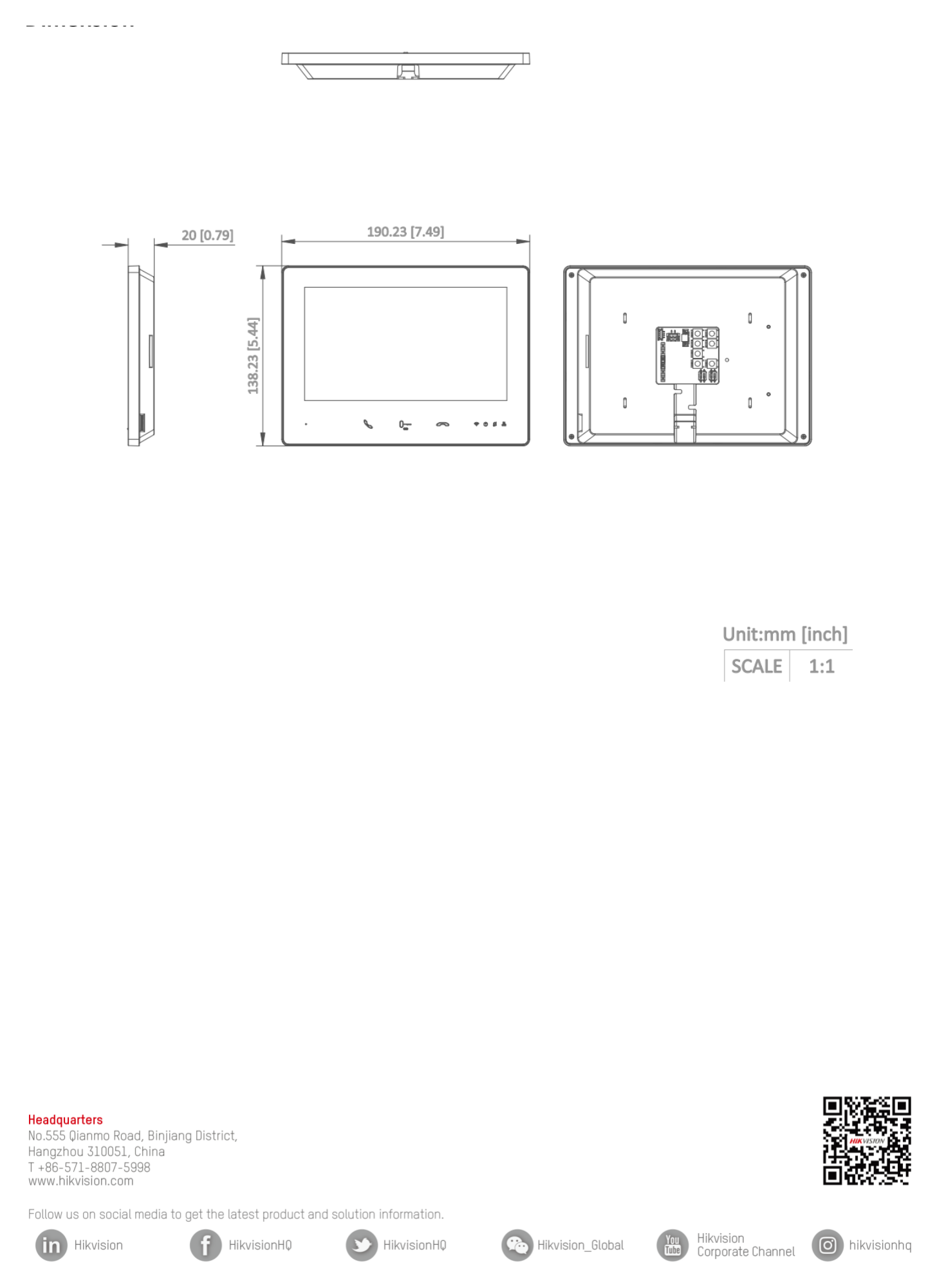 DS-KH7300EY-WTE2 外形尺寸圖 190.2 mm × 138.2 mm × 20 mm (7.5" × 5.4" × 0.8")|Unit: mm