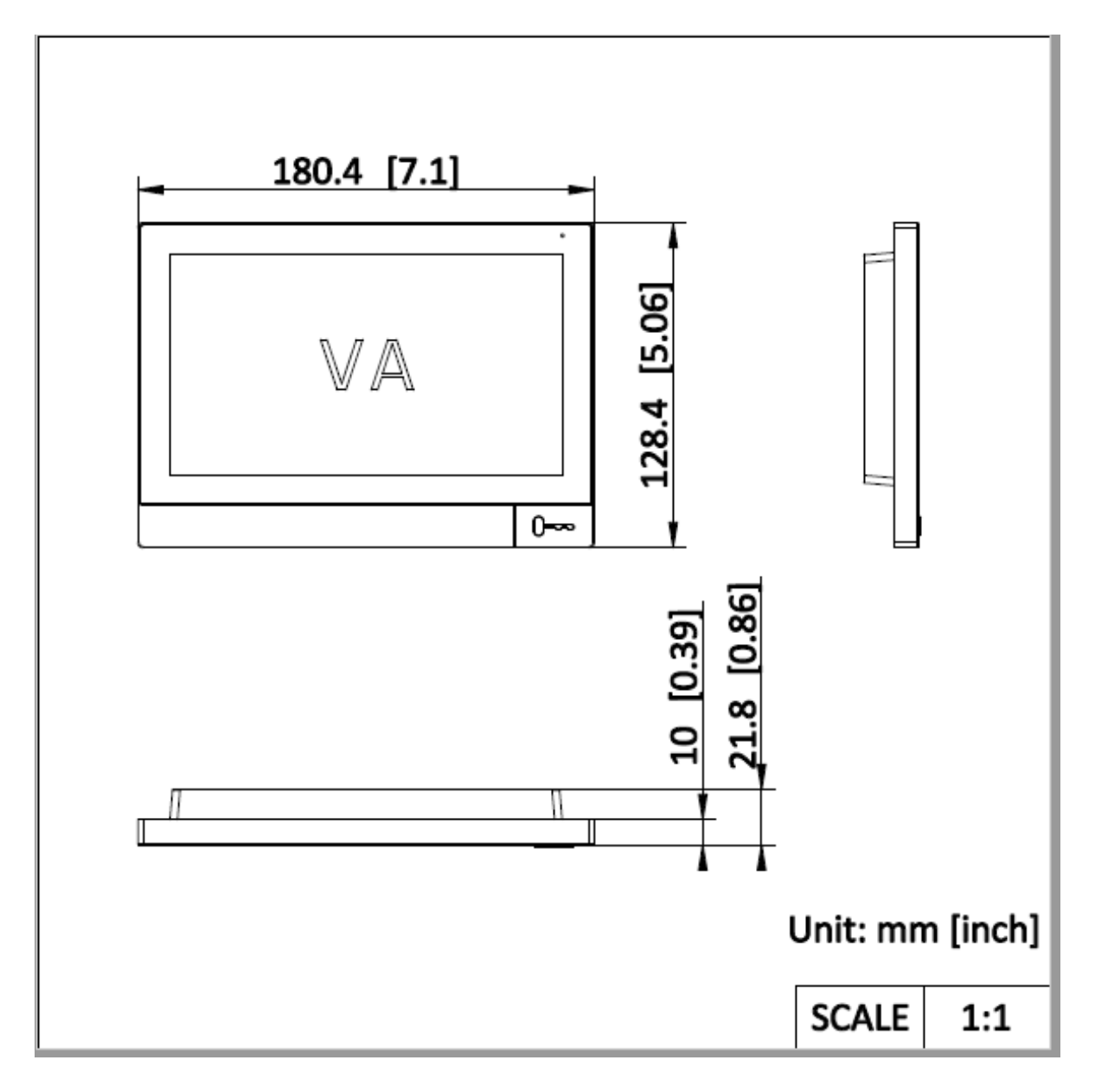 DS-KH8381-WTE1 外形尺寸圖 180.4 mm × 128.4 mm × 21.8 mm (7.10" × 5.06" × 0.86")｜重量 Without package: 412.2 g (0.909 lb)｜Unit: mm