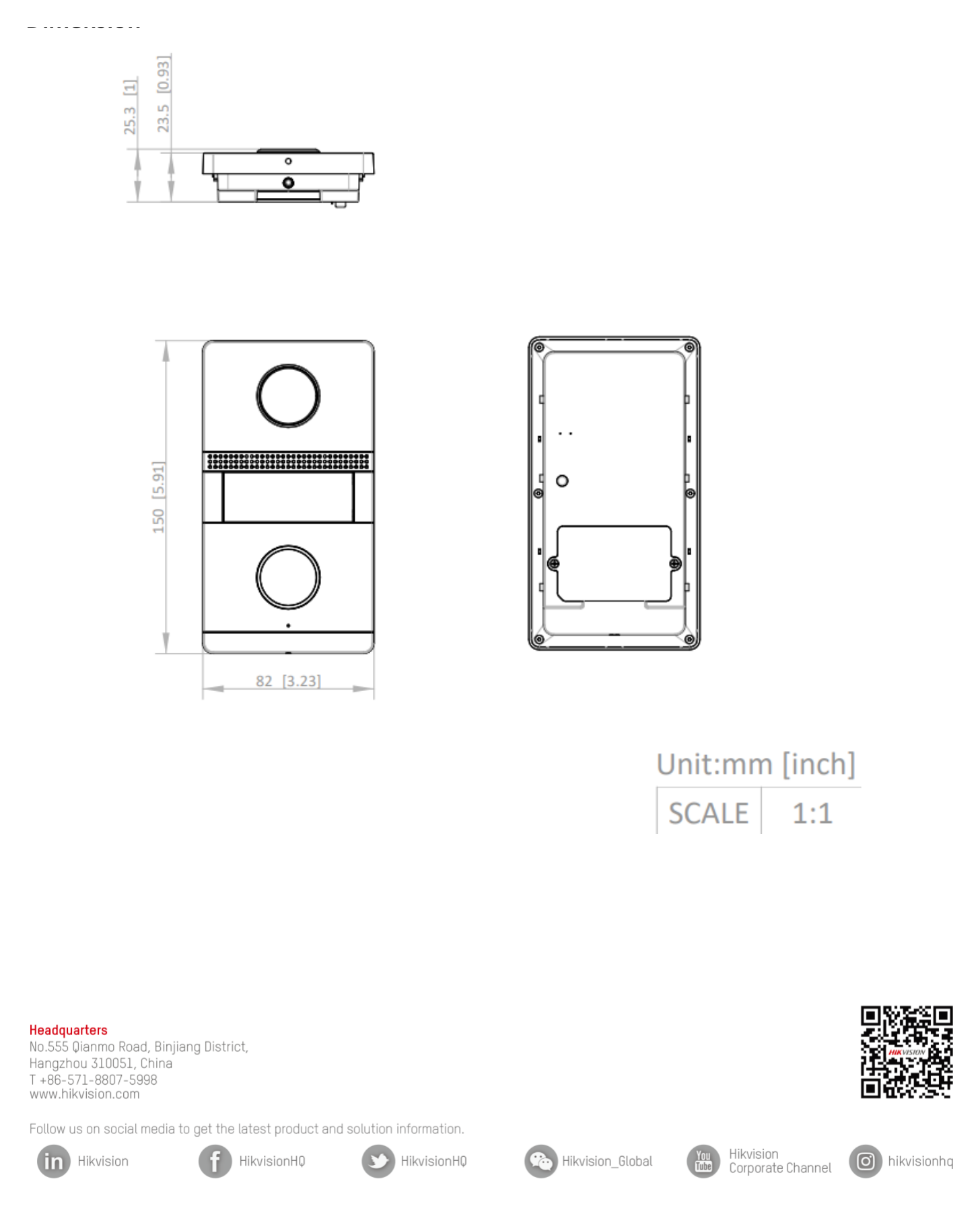 DS-KV1101-ME2 外形尺寸圖 150 mm × 82 mm × 23.5 mm (5.91" × 3.23" × 0.93")|Unit: mm