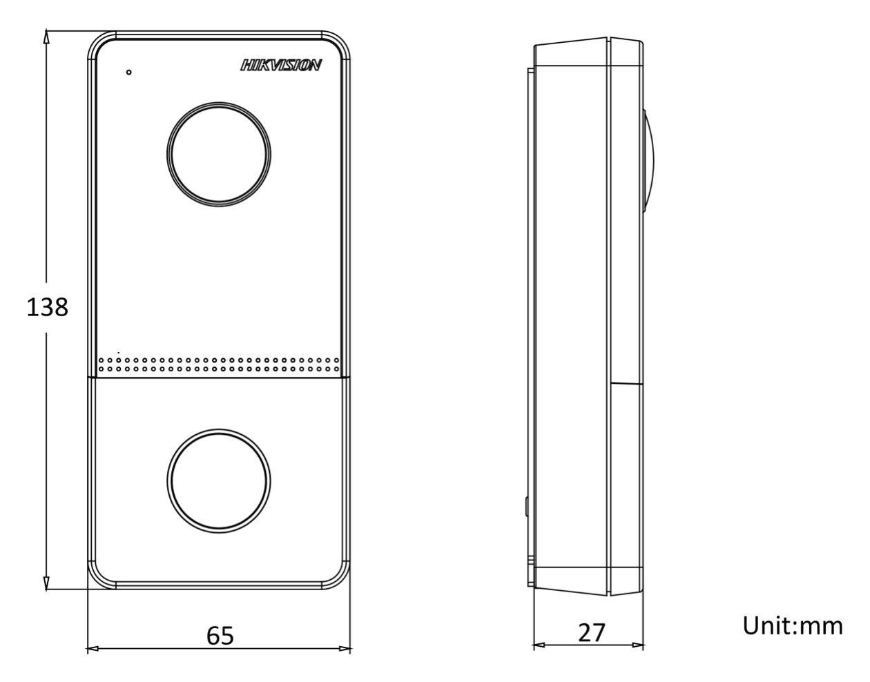 DS-KV6103-PE1C 外形尺寸圖 138 mm × 65 mm × 27 mm (5.4" × 2.6" × 1.1")|Unit: mm