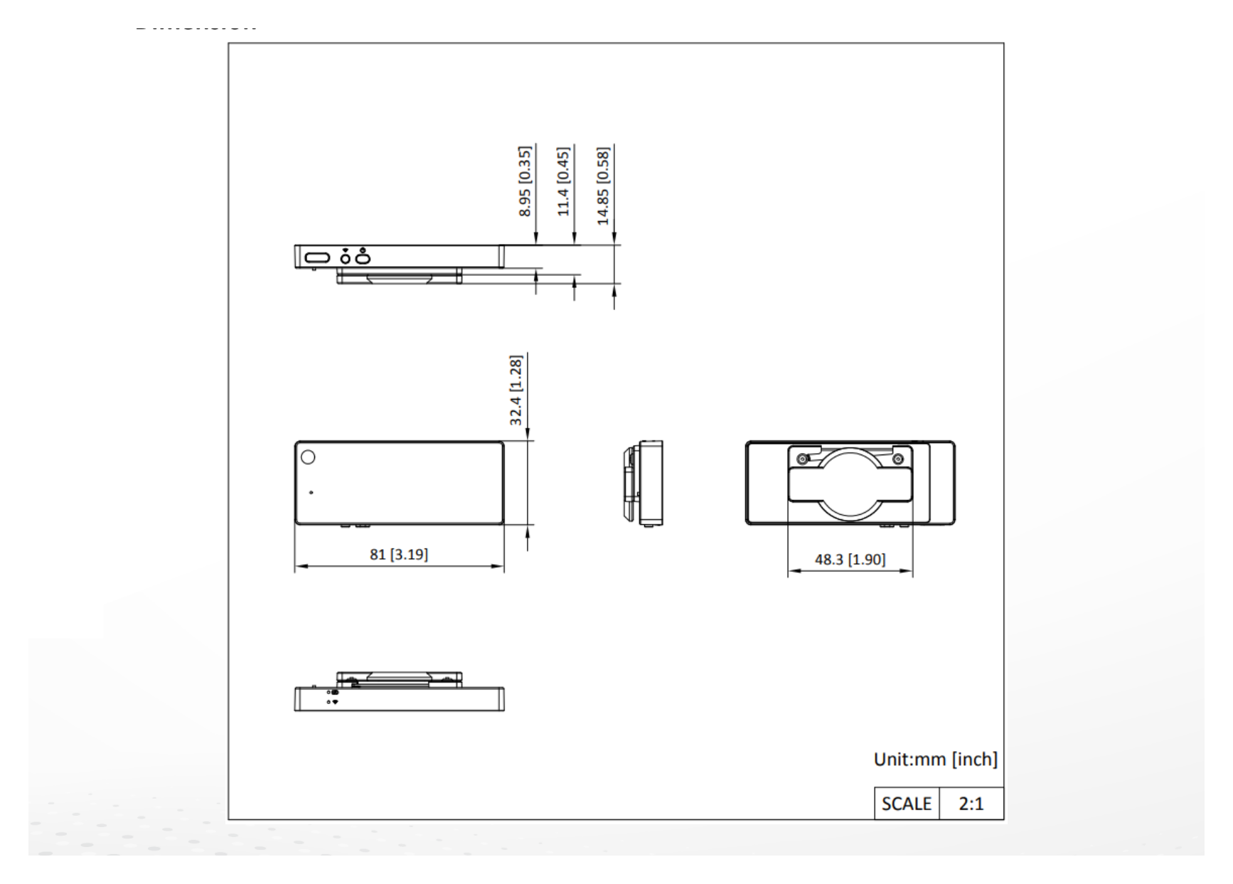 DS-MCC206 外形尺寸圖 81 mm × 32.4 mm × 9 mm (3.2" × 1.3" × 0.4")｜重量 50 g (0.1 lb., without back plate)｜Unit: mm