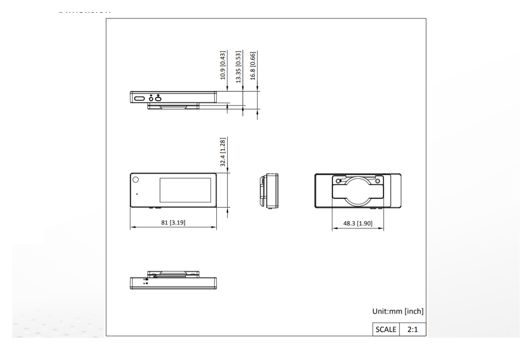 DS-MCC216 外形尺寸圖 81 mm × 32.4 mm × 9 mm (3.2" × 1.3" × 0.4")｜重量 52 g (0.1 lb, without back plate)｜Unit: mm
