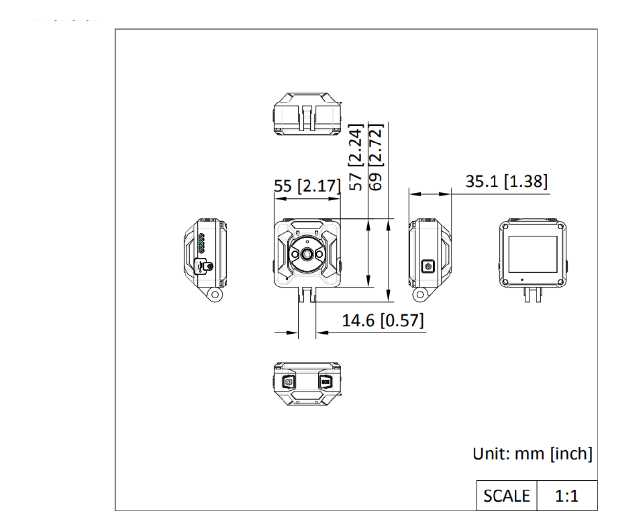 DS-MCH208 外形尺寸圖 55 mm × 55 mm × 31 mm (2.2" × 2.2" × 1.2")｜重量 110 g (without mounting) (0.24 lb.)｜Unit: mm