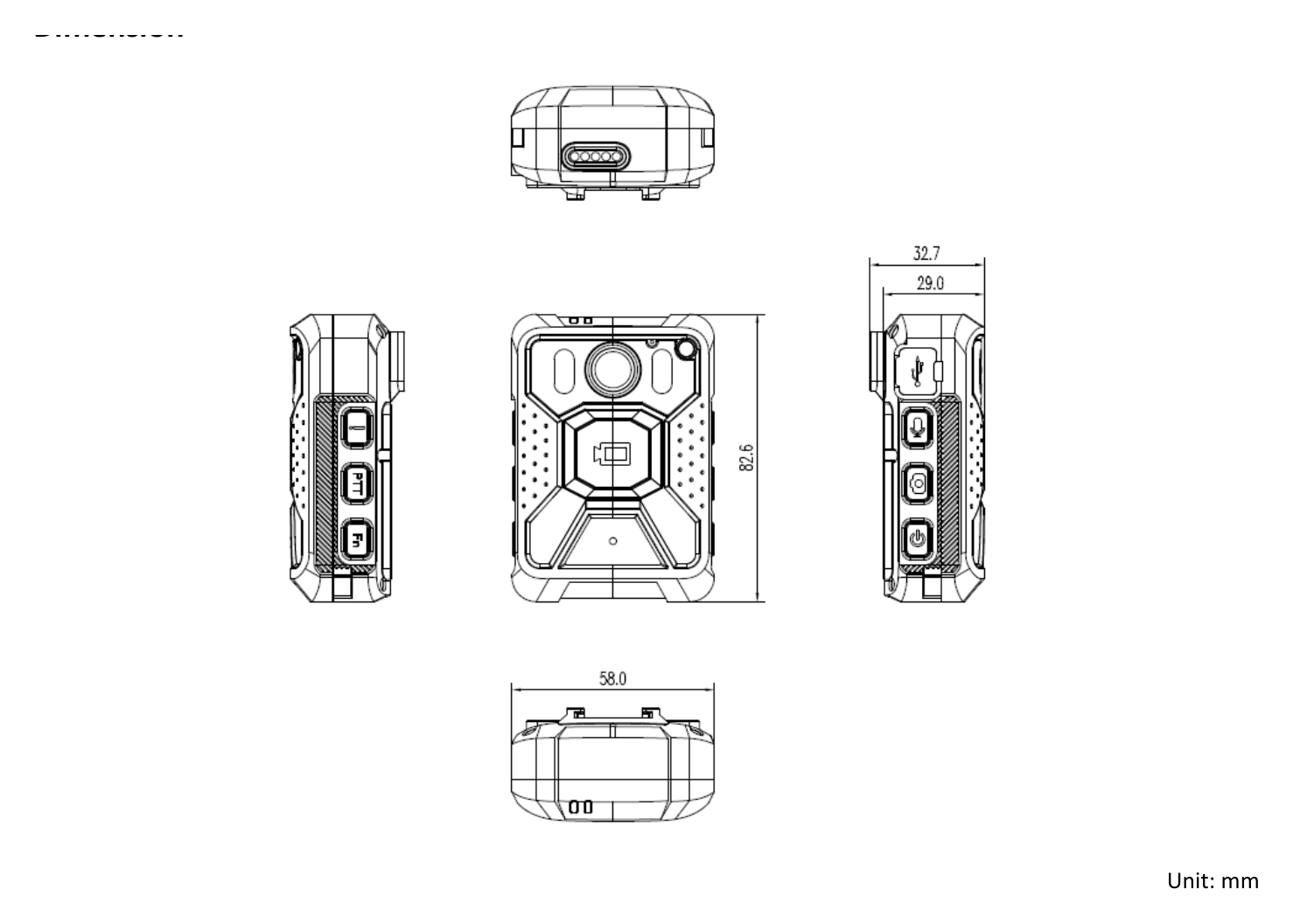DS-MCW407C 外形尺寸圖 82.6 mm × 58 mm × 29 mm (3.3" × 2.3" × 1.1")｜重量 165 g (without mounting) (0.4 lb.)｜Unit: mm