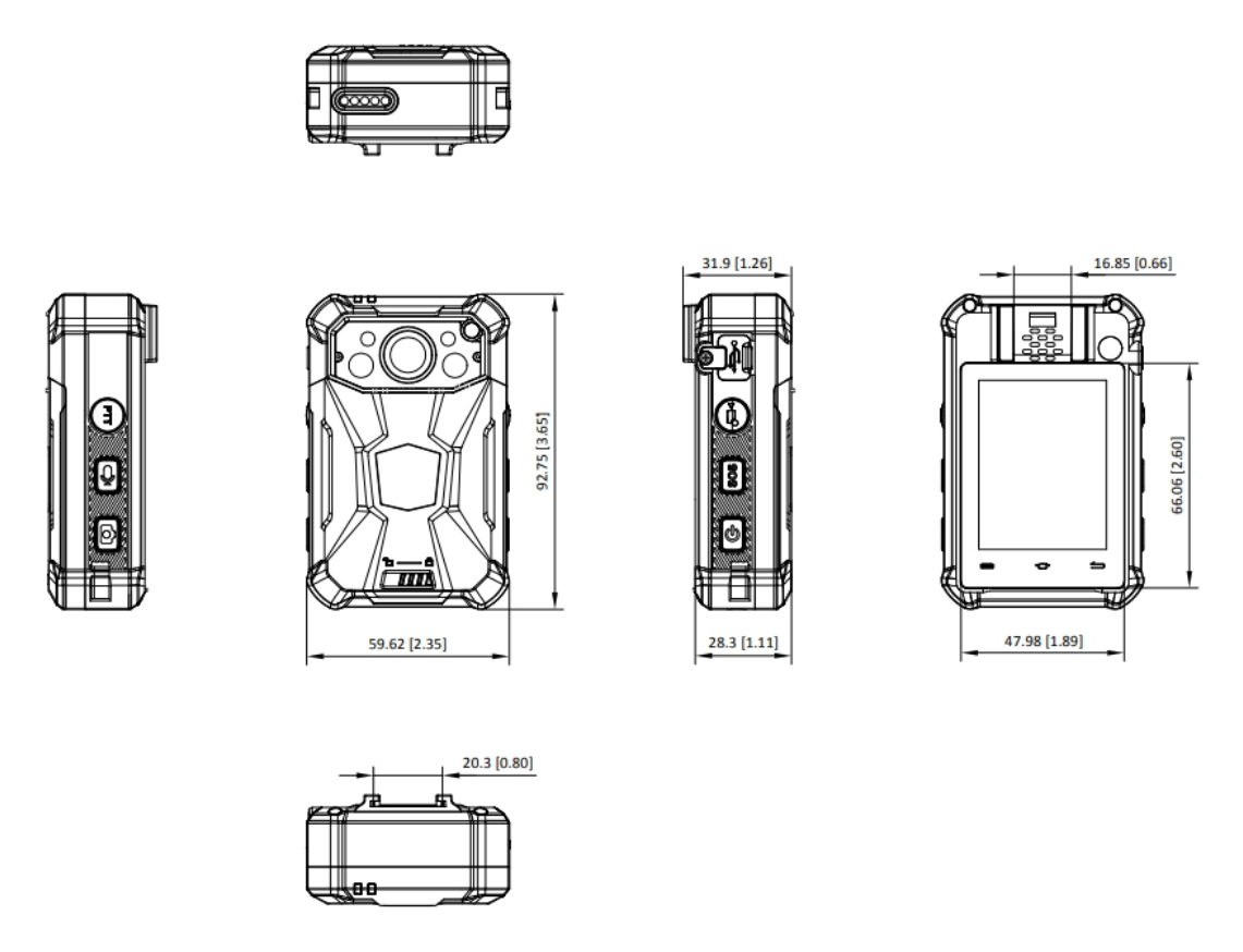 DS-MCW409 外形尺寸圖 92.8 mm × 59.7 mm × 28.5 mm (3.7" × 2.4" × 1") (10 cm)｜重量 194.5 g (without mounting) (0.4 lb.)｜Unit: mm