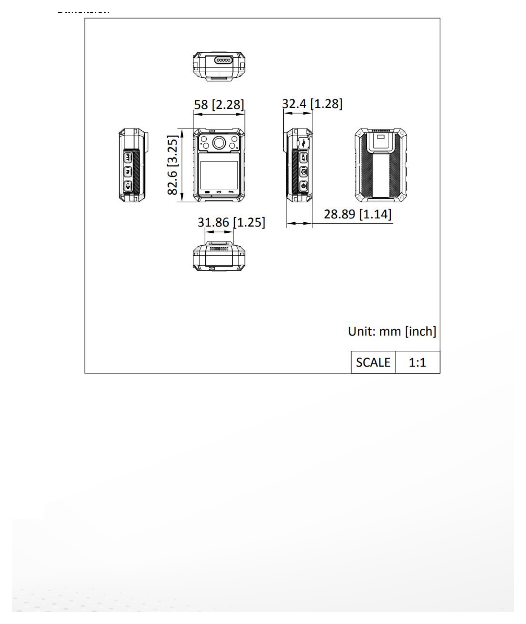 DS-MCW40B 外形尺寸圖 83 mm × 58 mm × 33 mm (3.3" × 2.3" × 1.3")｜重量 167 g (without mounting) (0.4 lb.)｜Unit: mm