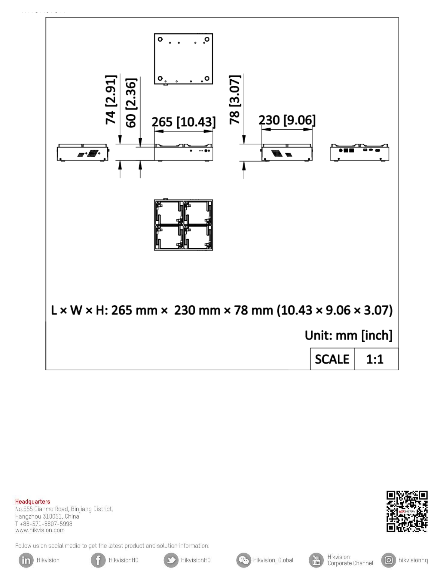 DS-MDS004 外形尺寸圖 265 mm × 230 mm × 60 mm (10.43" × 9.06" × 2.36")｜重量 2.84 kg (without Hard Disk) (6.3 lb.) CE-EMC: EN 55032: 2015+A1: 202