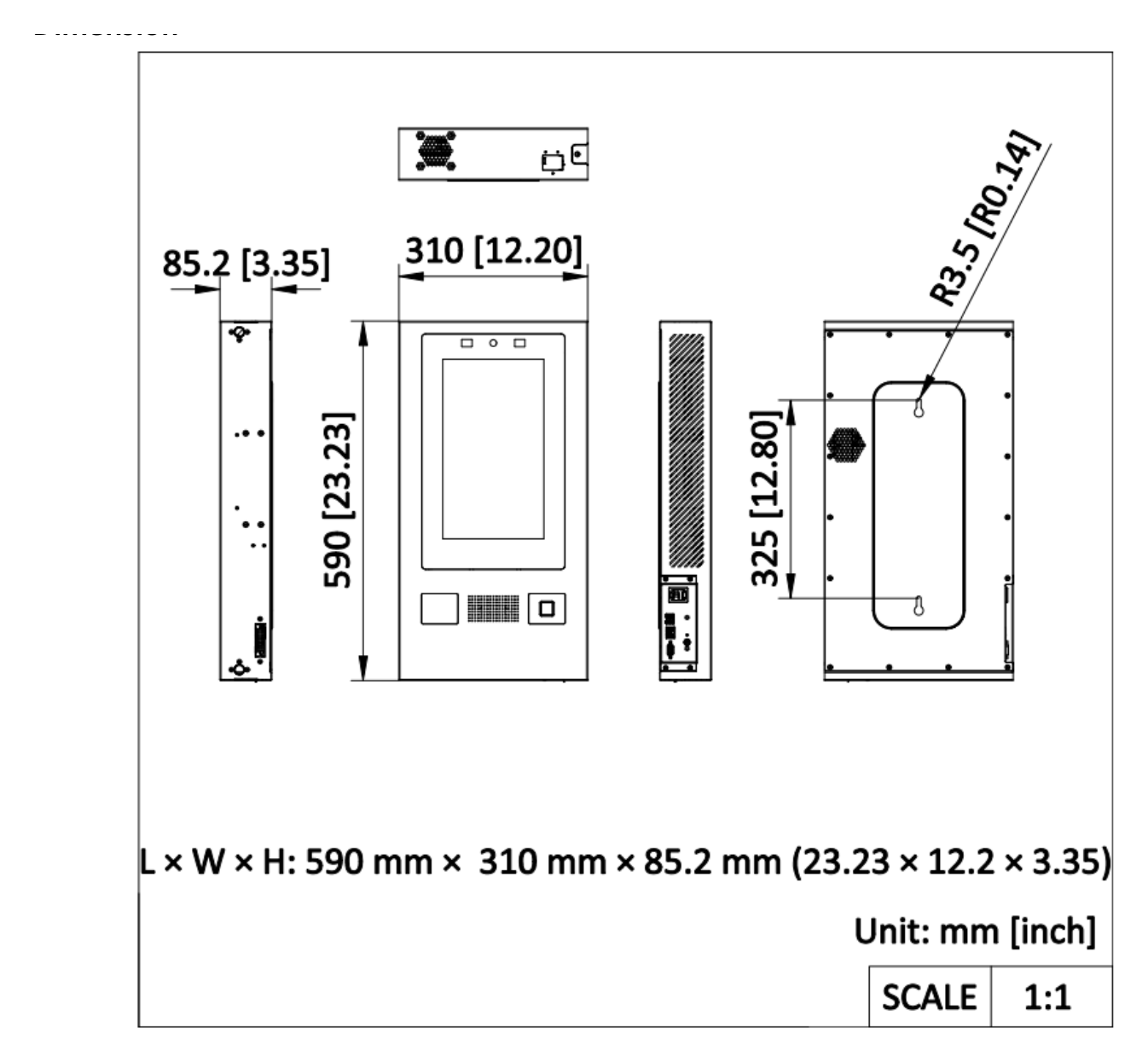 DS-MDS005 外形尺寸圖 590 mm × 586 mm × 93 mm (23.23" × 23.07" × 3.66")|重量 18 kg (without mounting) (39.68 lb.)|Unit: mm