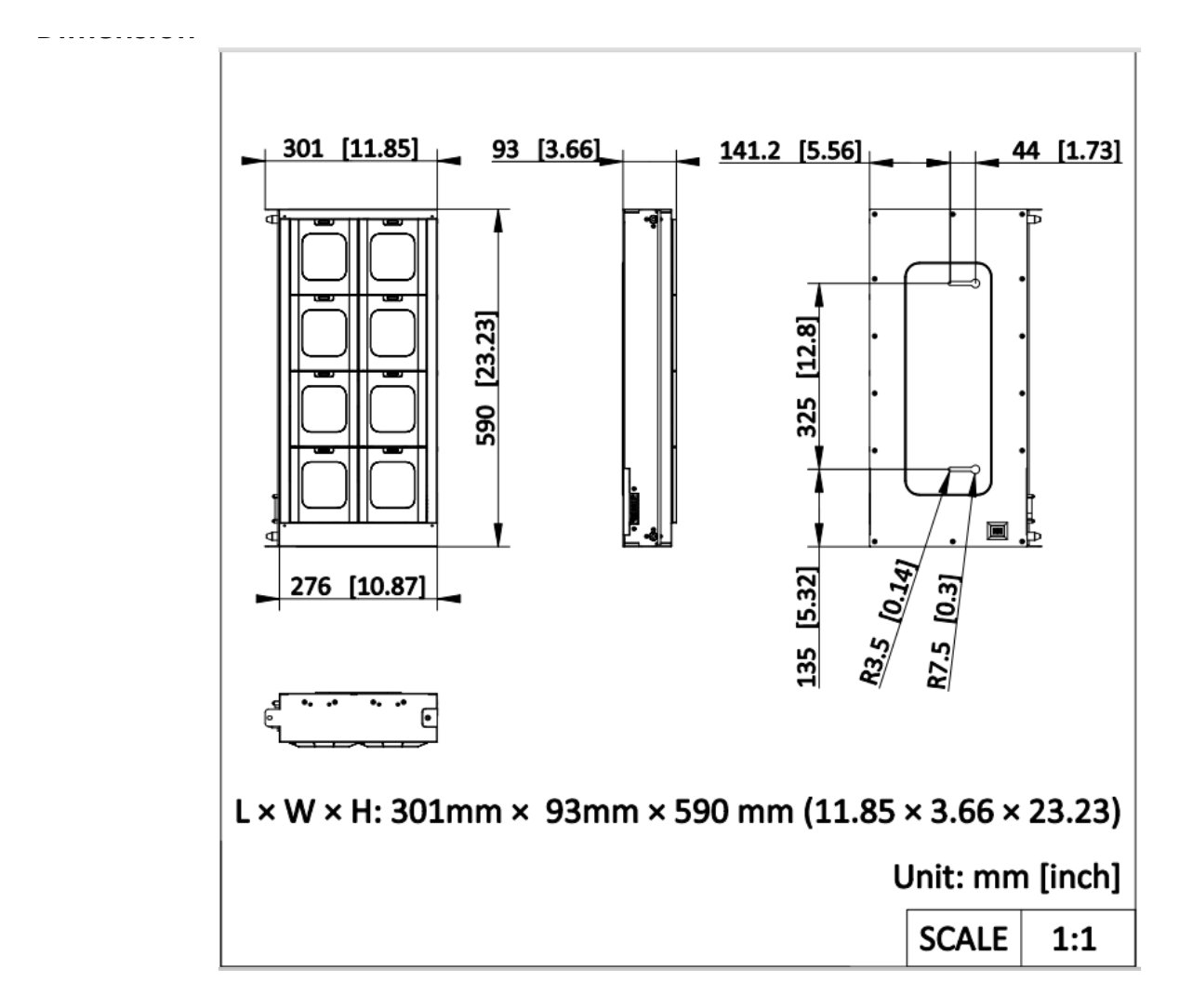 DS-MDS005-E 外形尺寸圖 590 mm × 301 mm × 93 mm (23.23" × 11.85" × 3.66")｜重量 7.9 kg (17.42 lb.)｜Unit: mm