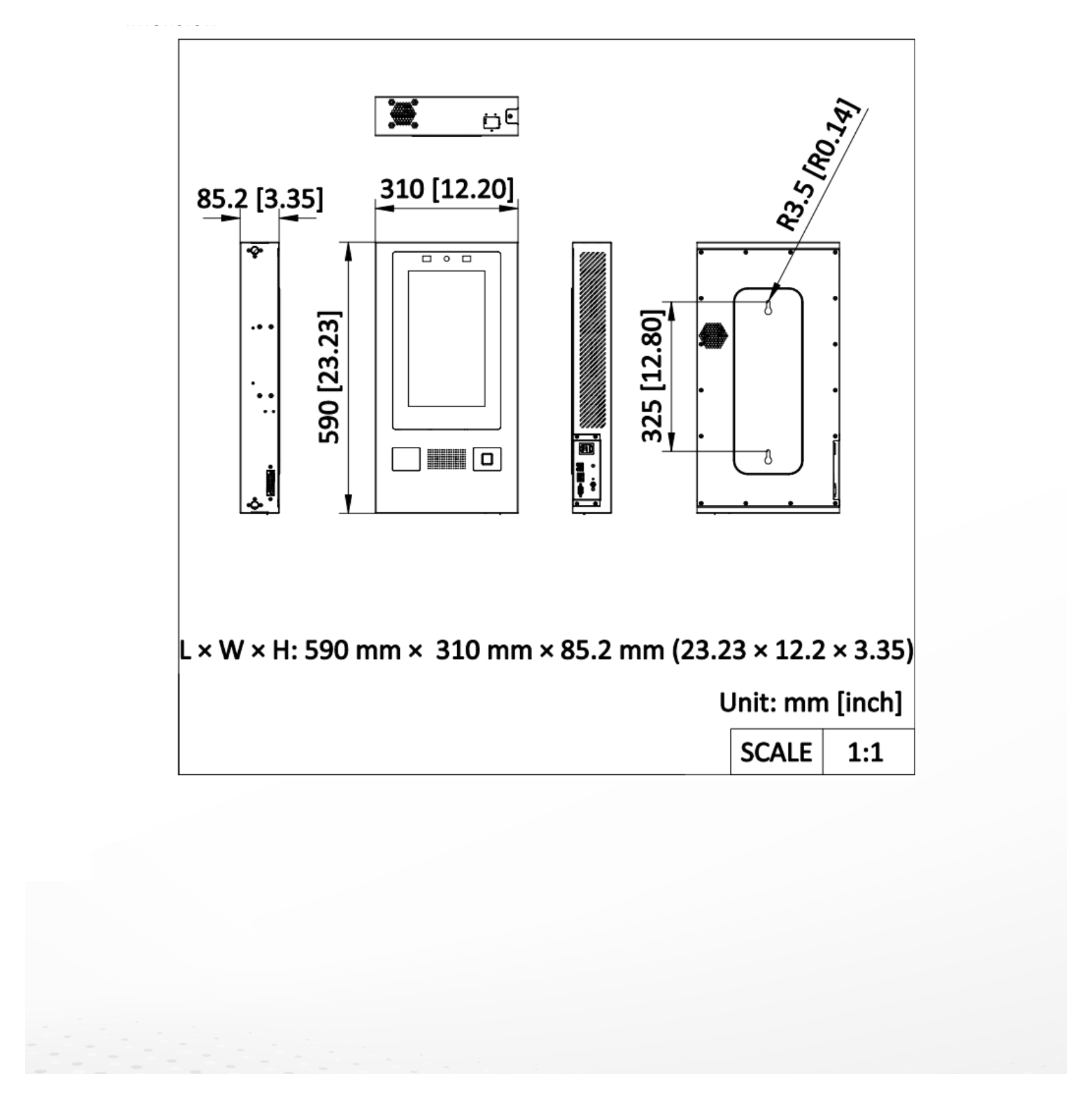 DS-MDS005B 外形尺寸圖 590 mm × 586 mm × 93 mm (23.23" × 23.07" × 3.66")|重量 18 kg (without mounting) (39.68 lb.)|Unit: mm