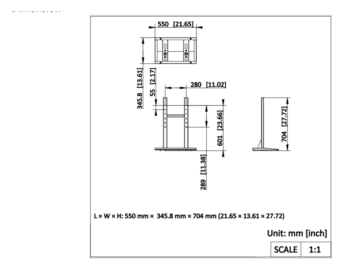 DS-MH1601 外形尺寸圖 550 mm × 345.8 mm × 704 mm (21.65" × 13.61" × 27.72")｜重量 11.2 kg｜Unit: mm