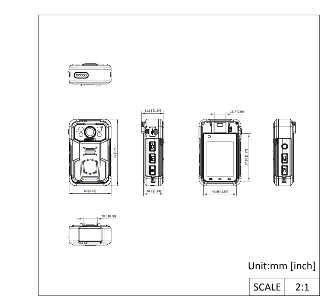 DS-MH2311 外形尺寸圖 95 mm × 60 mm × 31.52 mm (3.74" × 2.36" × 1.24")｜重量 190 g (without mounting) (0.42 lb.) Battery｜Unit: mm