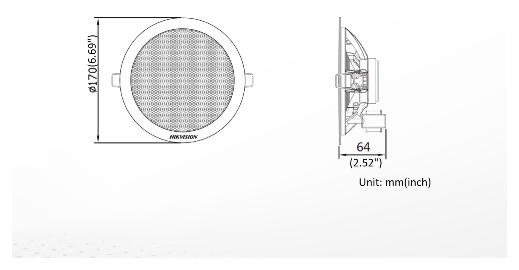 DS-QAE0203G1-V 外形尺寸圖 Ø 170 × 64 mm (Ø 6.69" × 2.52")|重量 Approx. 435 g (0.96 lb.)|Unit: mm
