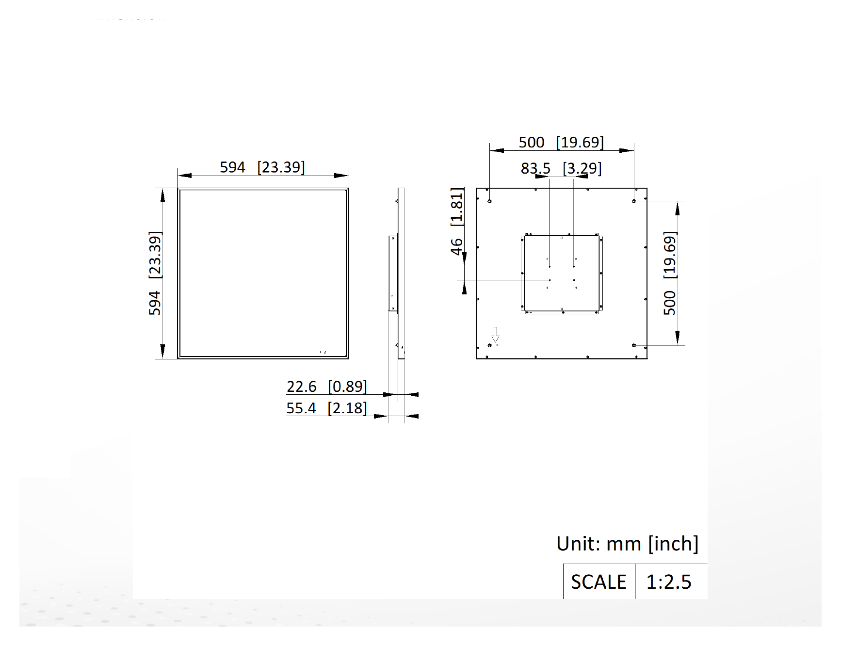 DS-QAPMCU128 外形尺寸圖 594.0 mm × 594.0 mm × 55.4 mm (23.39" ×23.39" × 2.18")|重量 Approx. 6 kg (13.2 lb.)|Unit: mm