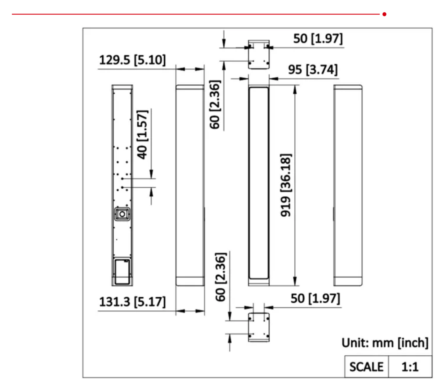 DS-QAPS4R15-2 外形尺寸圖 919 × 95 × 131.3 mm (36.18: × 3.74" × 5.17")｜重量 8.3 kg (18.3 lb.)｜Unit: mm