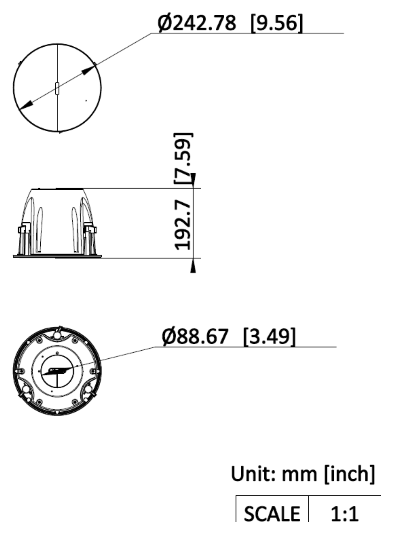 DS-QAZ1610G1-BE 外形尺寸圖 Ø242.78 × 192.7 mm(9.56″ × 7.59″)|重量約 2.7 kg|天花開孔 Ø225 mm|Unit: mm (inch)