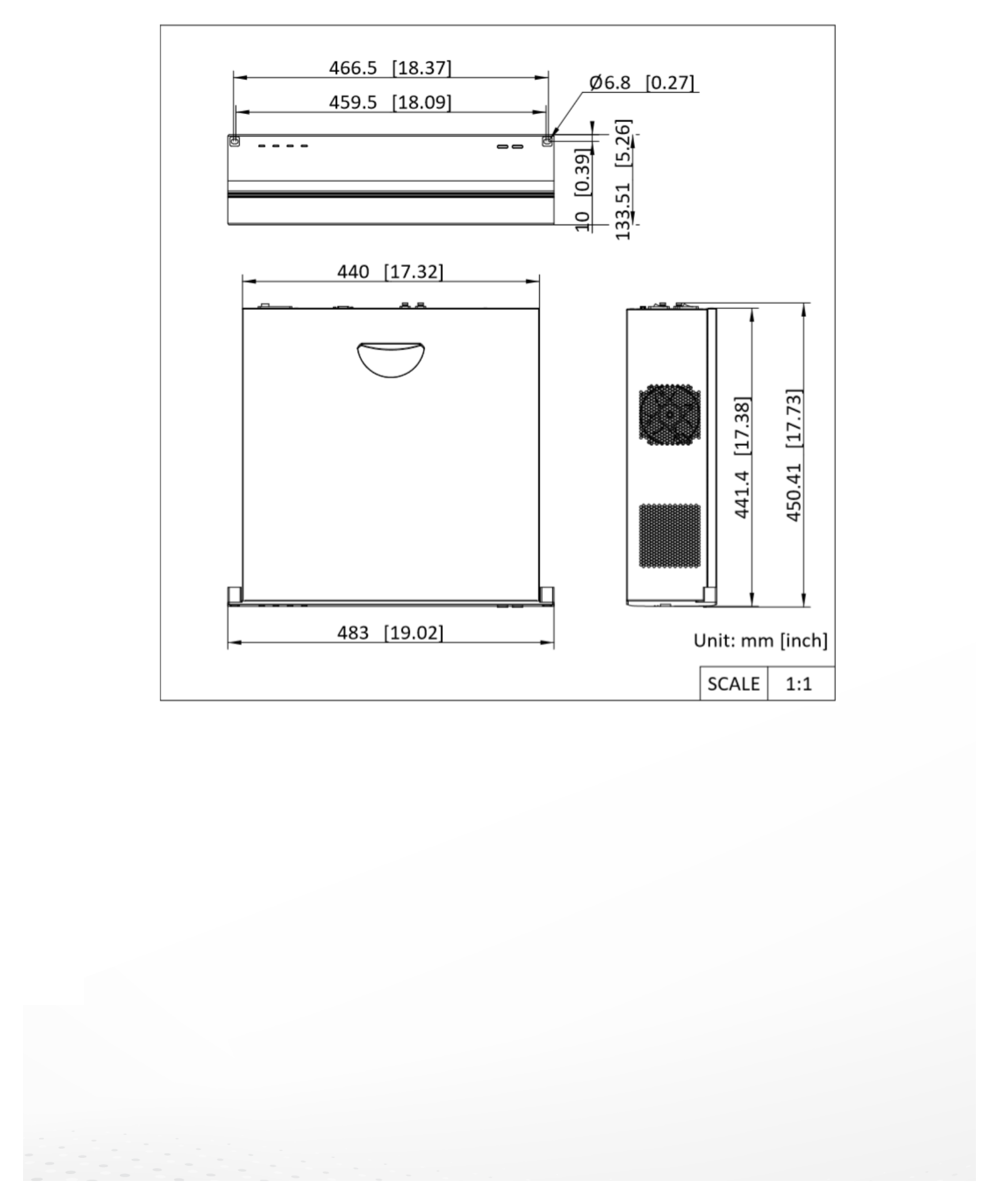 DS-QFT0304H 外形尺寸圖 133.51mm x 483mm x 450.41mm((5.26" × 19.02" × 17.73"))｜重量 Approx. 11 kg (24.25 lb.)｜Unit: mm