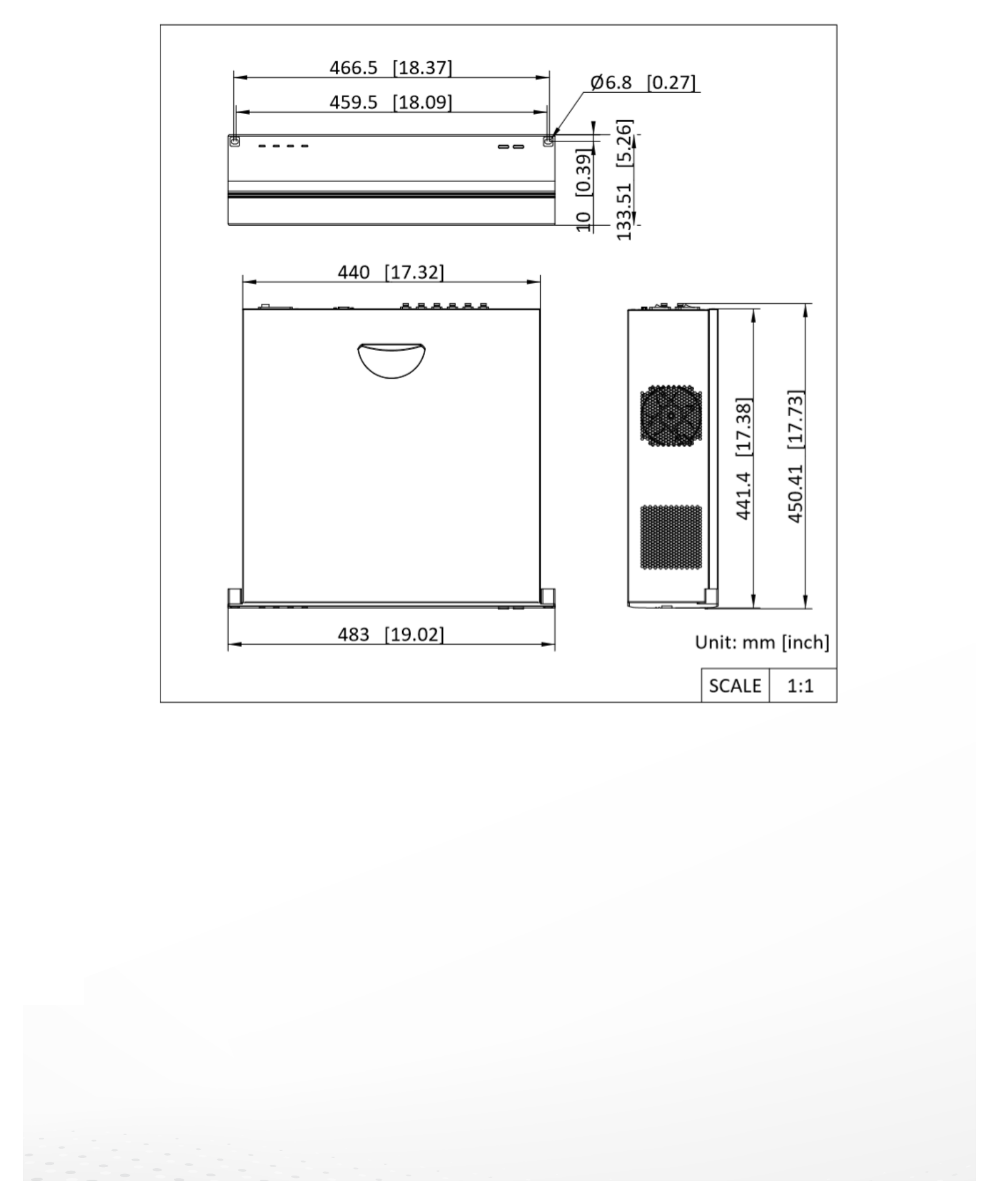 DS-QFT0312H 外形尺寸圖 133.51mm x 483mm x 450.41mm((5.26" × 19.02" × 17.73"))｜重量 Approx. 11 kg (24.25 lb.)｜Unit: mm