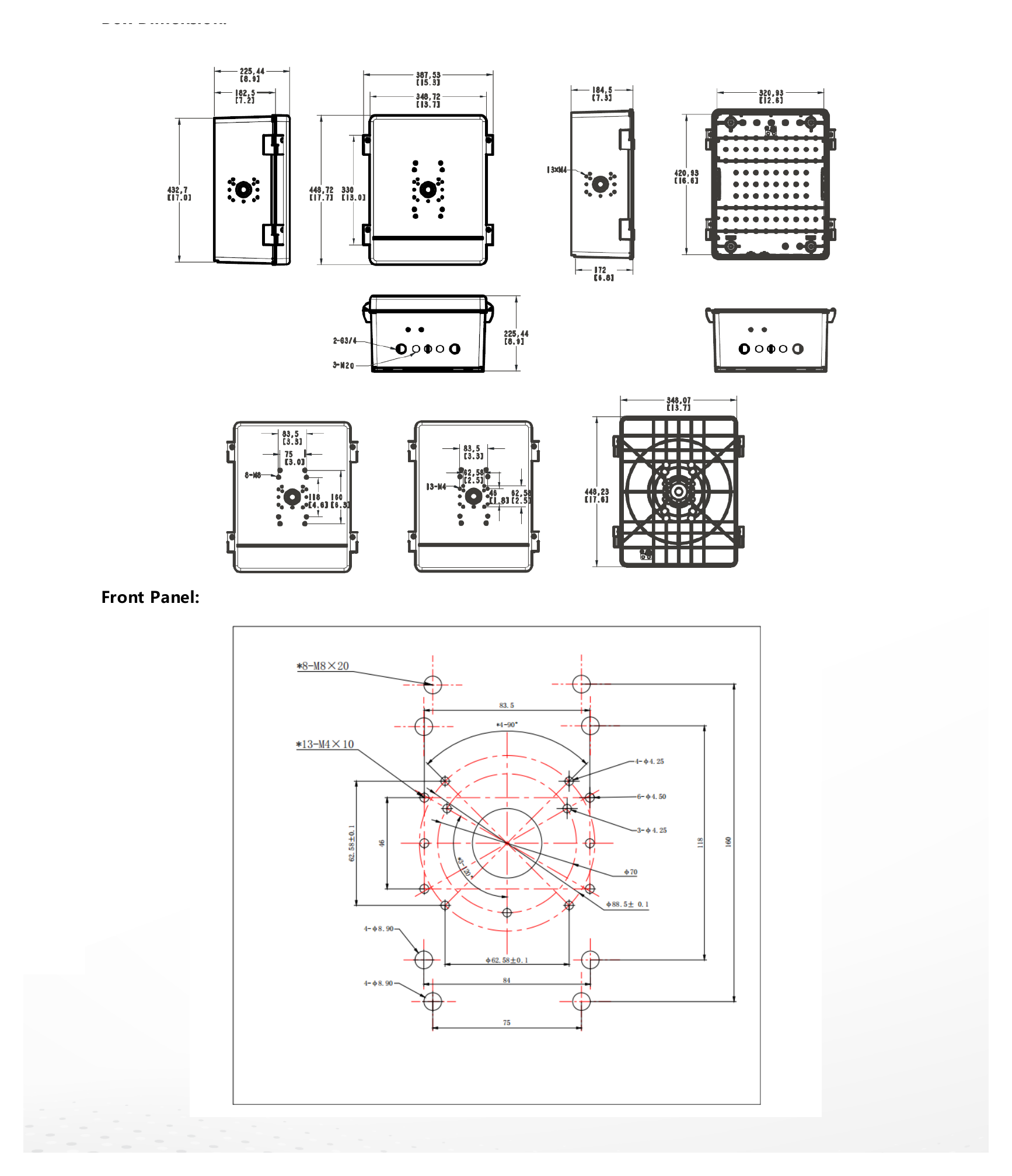 DS-SBOX-03 外形尺寸圖 448.72mm x 387.53mm x 225.44mm｜重量 5.2kg Startup and Operating -40 °C to 60 °C (-40 °F to 140 °F). Humidity 95% or less (