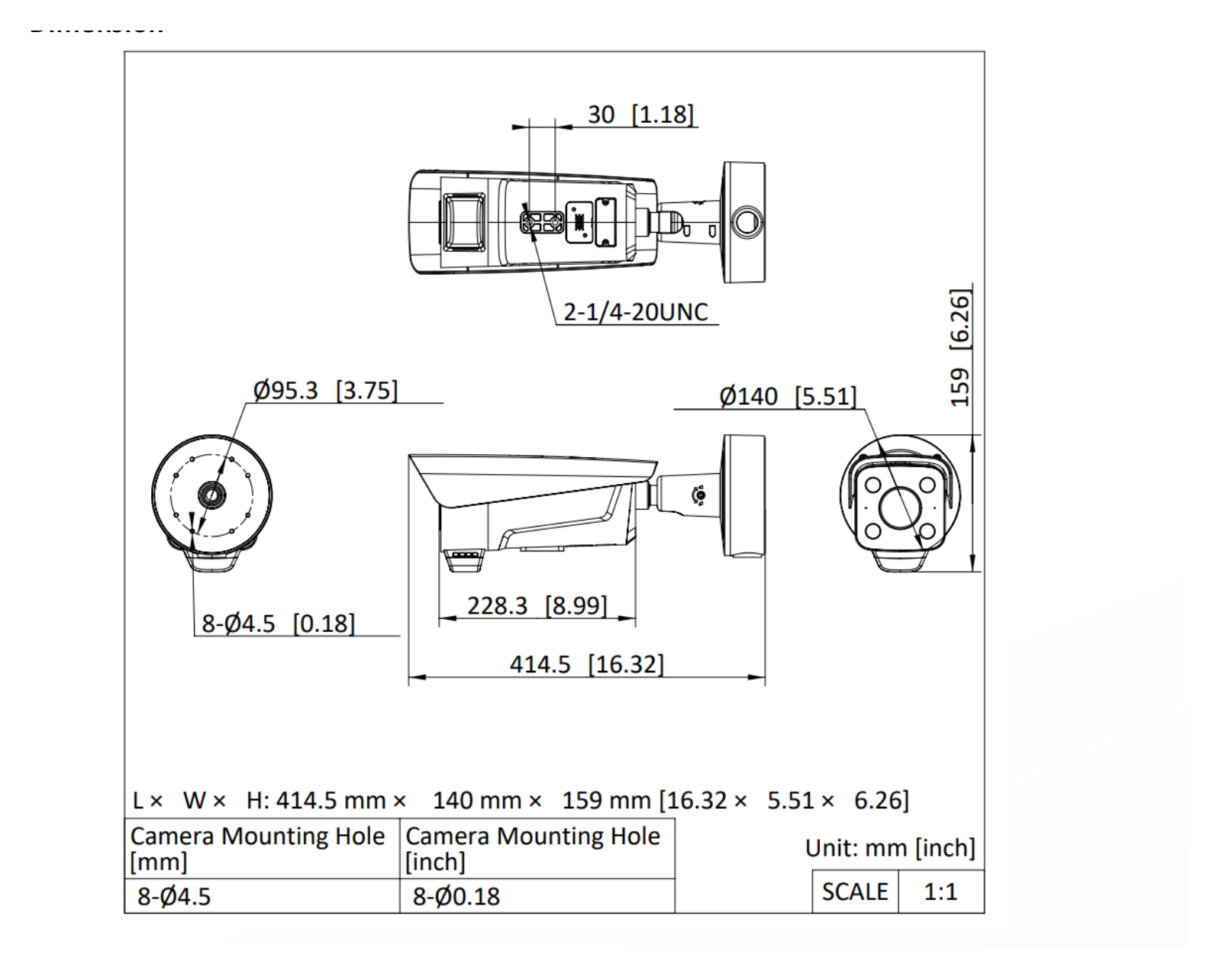 DS-TCG406-E(ER) 外形尺寸圖 415 mm × 145 mm × 145 mm (16.34 × 5.71 × 5.71 inch)｜重量 3.25 kg (7.17 lb.)｜Unit: mm
