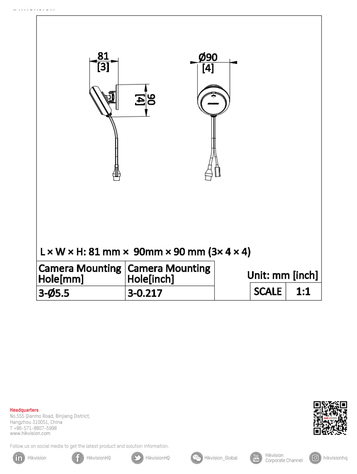 DS-TDSB00-EKH 外形尺寸圖 Ø 90 mm × 81 mm (Ø 3.54" × 3.19")｜重量 Approx. 130 g (0.29 lb.)｜Unit: mm