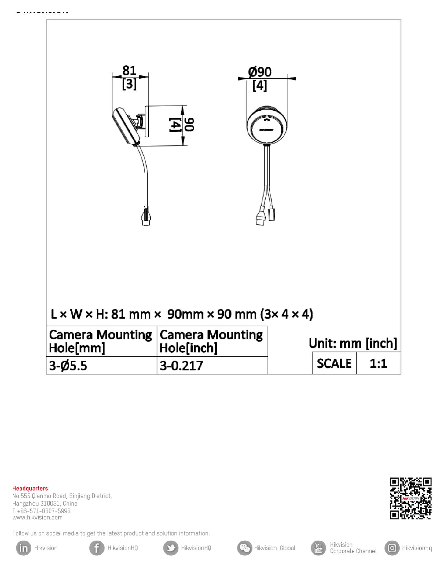 DS-TDSB00-EKT/POE/4M 外形尺寸圖 Ø 90 mm × 81 mm (Ø 3.54" × 3.19")｜重量 Approx. 130 g (0.29 lb.)｜Unit: mm