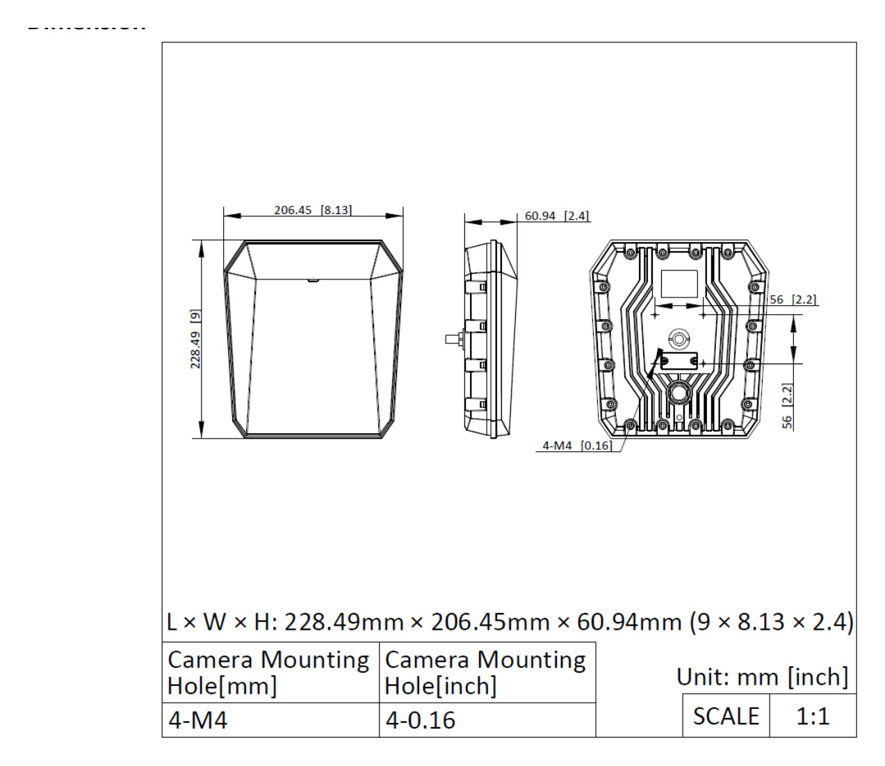 DS-TDSB0G-FK/60m 外形尺寸圖 228 mm × 206 mm × 61 mm (8.98" × 8.11" × 2.4") (L × W × H)｜重量 Approx. 1.8 kg (3.97 lb.)｜Unit: mm