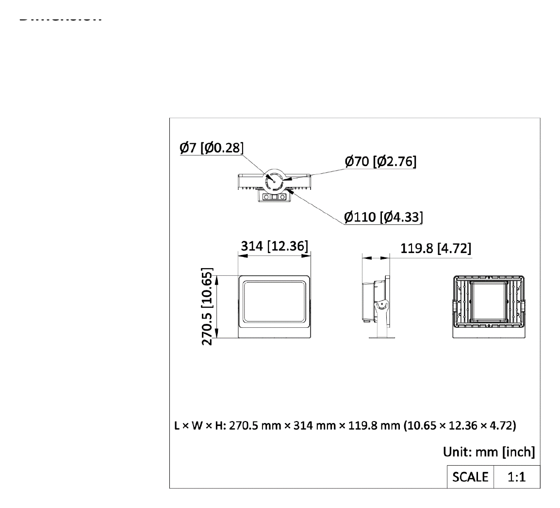 DS-TL2002C 外形尺寸圖 270.5 mm × 314 mm × 119.8 mm (10.65" × 12.36" × 4.72") (L × W × H)｜重量 Approx. 5.2 kg (11.40 lb.)｜Unit: mm