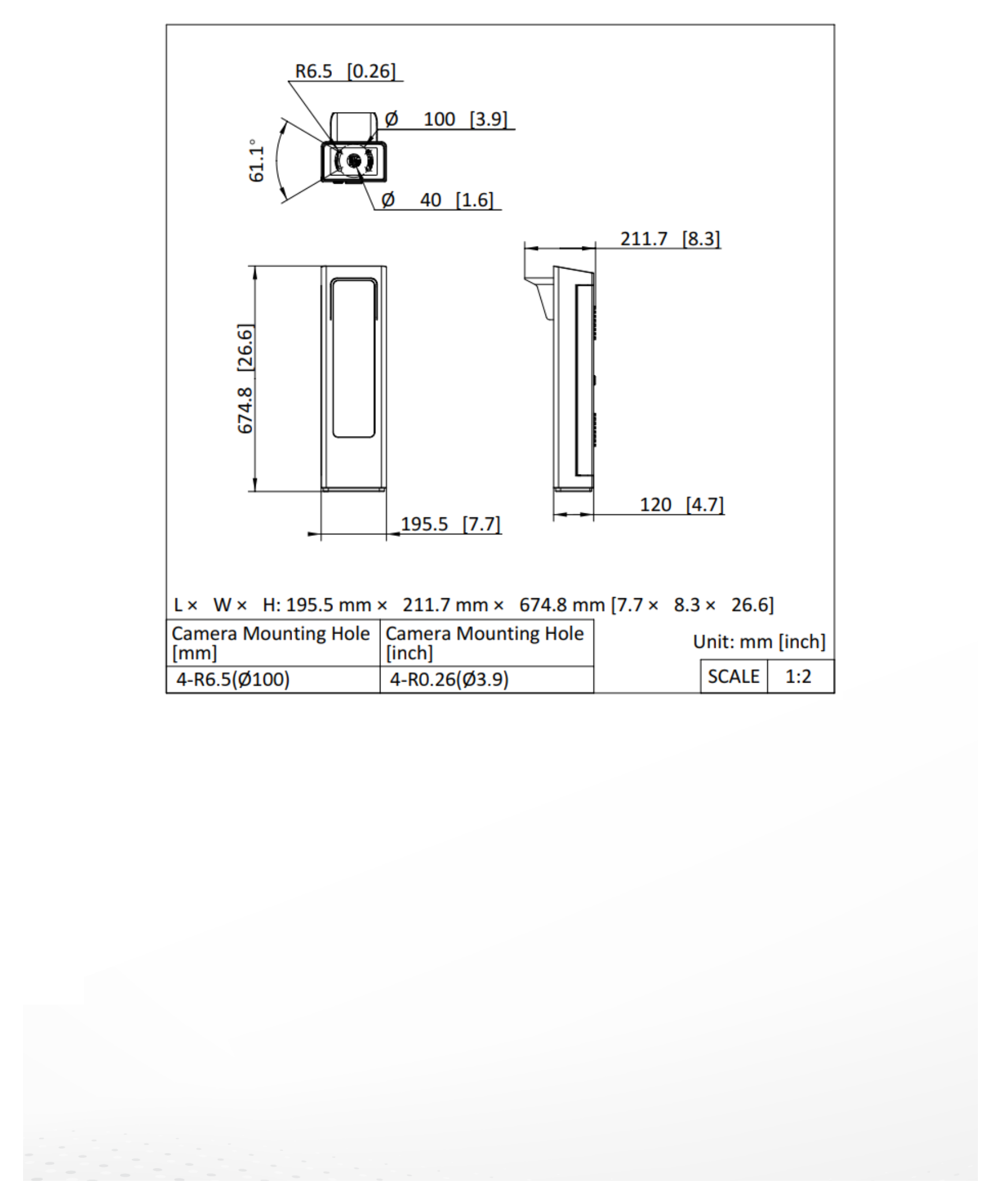 DS-TMC403-EL 外形尺寸圖 195 × 150 × 673 mm (7.68 × 5.91 × 26.5 inch)｜重量 9.1 kg (20.06 lb.)｜Unit: mm