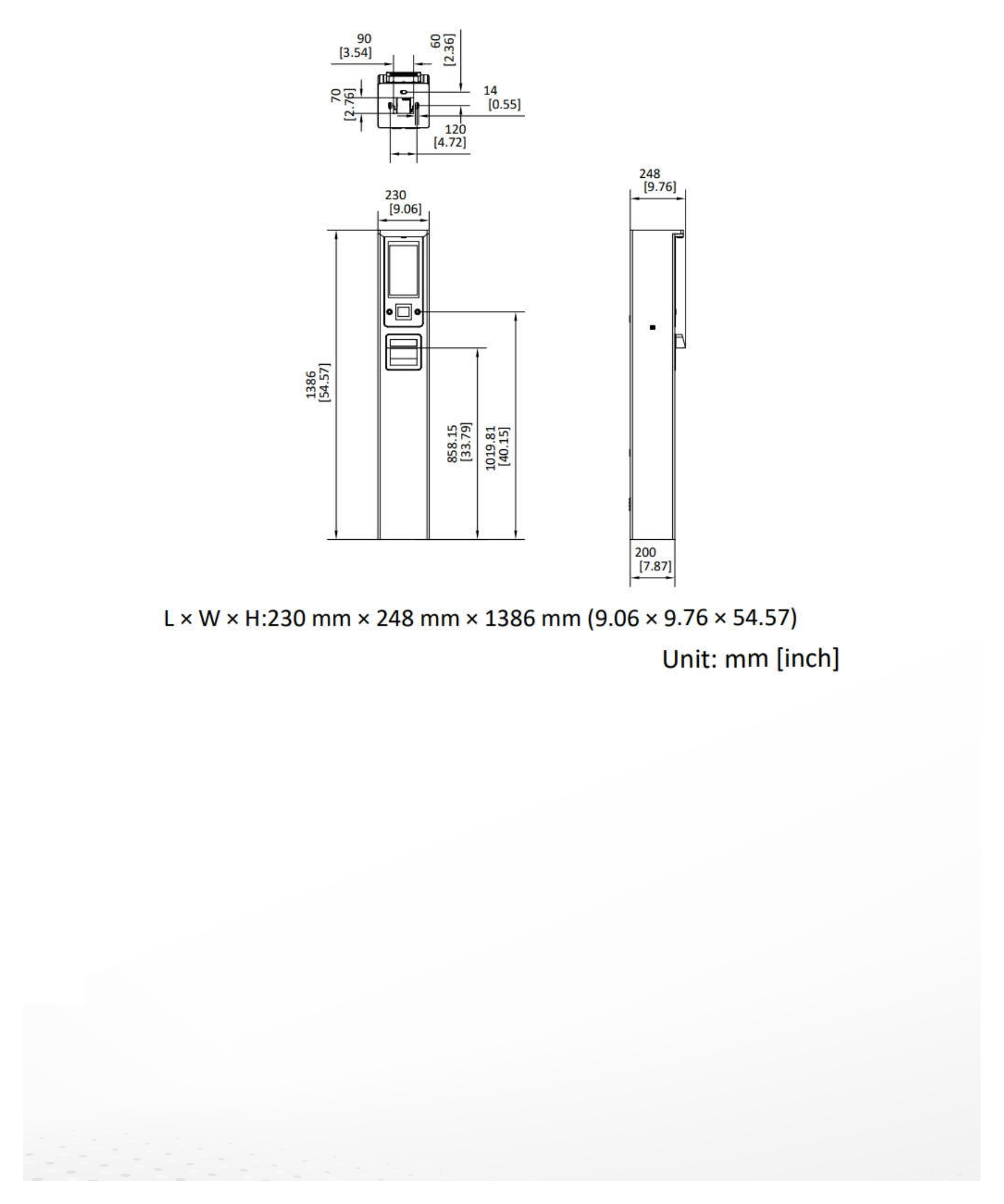 DS-TMT201-D 外形尺寸圖 230 × 248 × 1386 mm (9.06 × 9.76 × 54.57 inch)｜重量 16.86 kg (37.17 lb.)｜Unit: mm