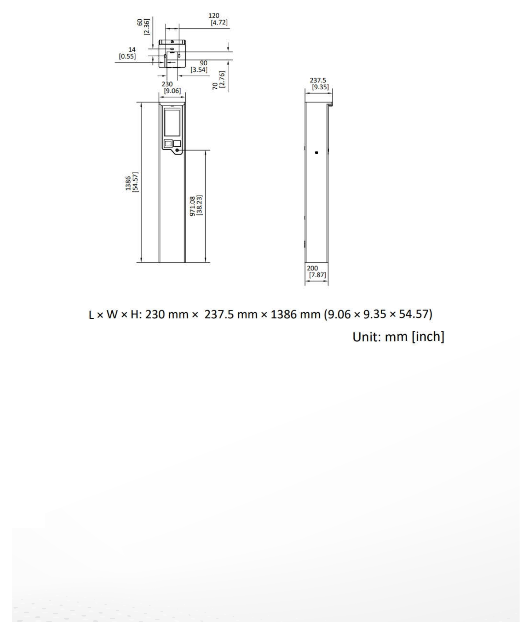 DS-TMT202-D 外形尺寸圖 230 × 237.5 × 1386 mm (9.06 × 9.35 × 54.57 inch)｜重量 16.86 kg (37.17 lb.)｜Unit: mm
