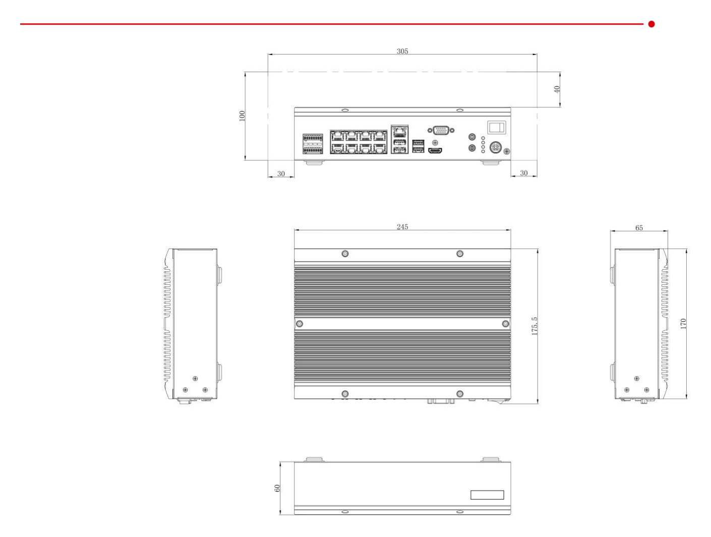 DS-TPE304-S 外形尺寸圖 245 × 170 × 65 mm (9.65 × 6.69 × 2.56 inch)｜重量 2 kg (4.4 lb.)｜Unit: mm