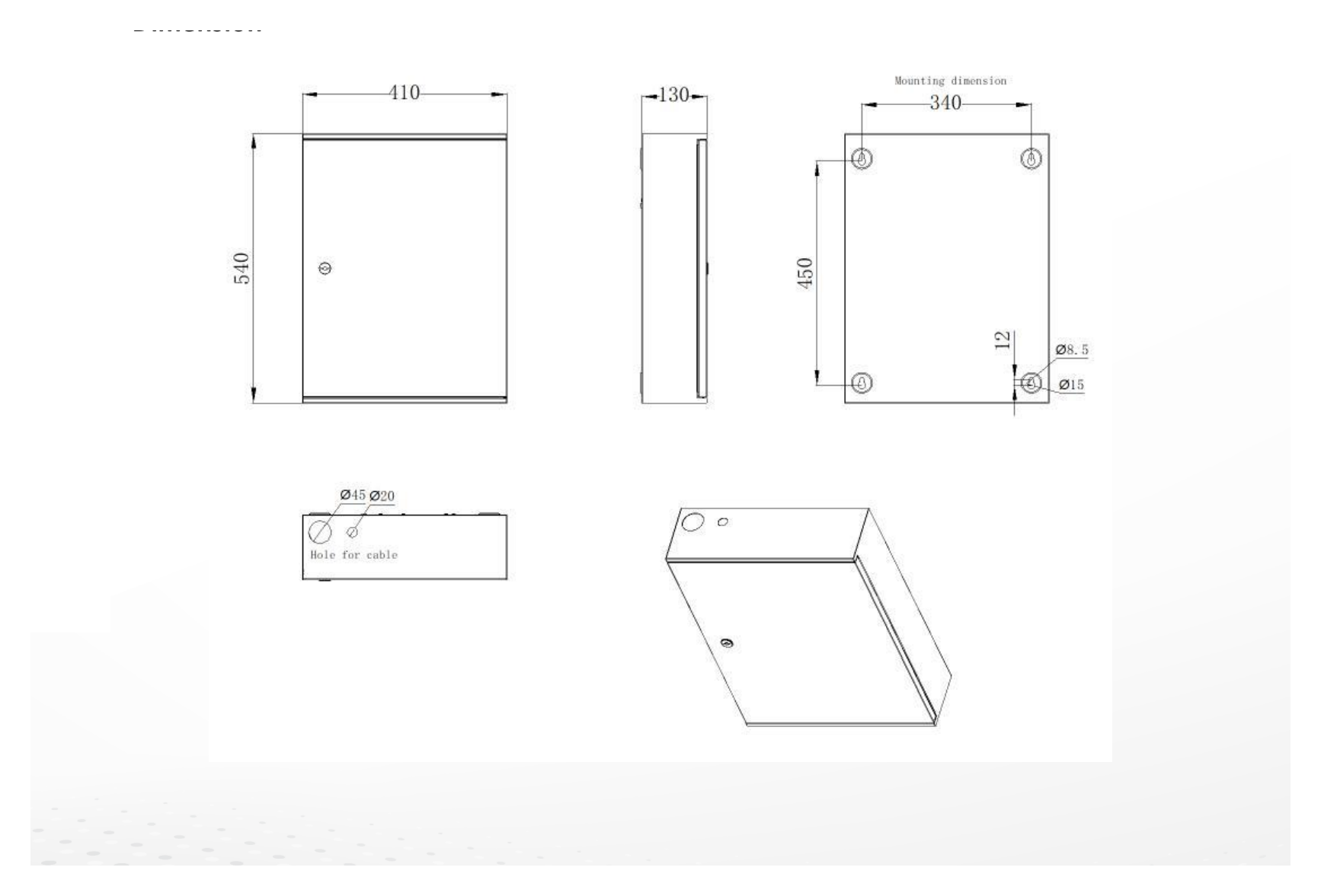 DS-TPM400-FP 外形尺寸圖 410 × 130 × 540 mm (16.1 × 5.1 × 21.2 inch)｜重量 15 kg (33.1 lb.)｜Unit: mm