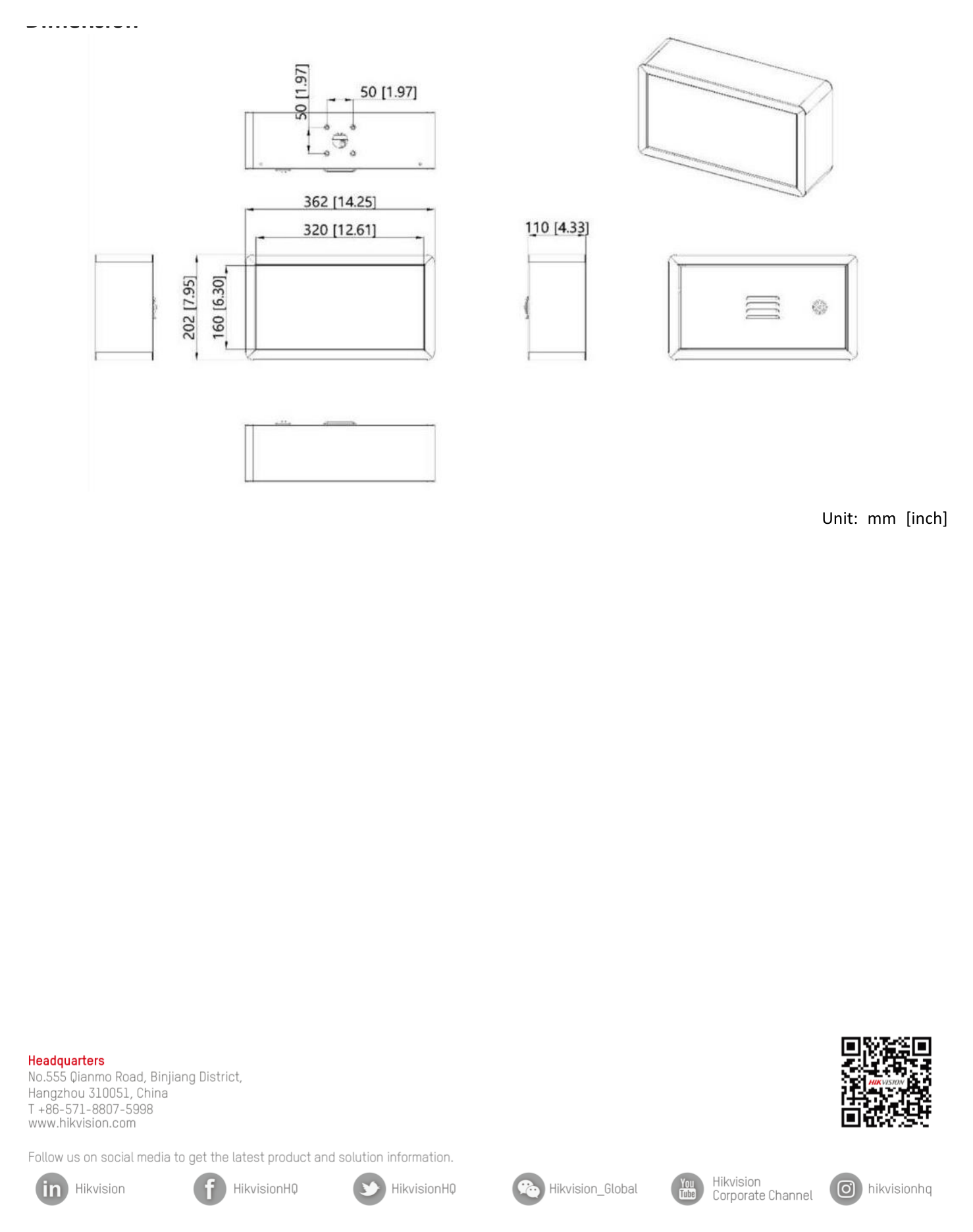 DS-TVL221-2-10P 外形尺寸圖 362 mm × 202 mm × 110 mm (14.25 × 7.95 × 4.33 inch)｜重量 3 ± 0.2 kg (6.61 ± 0.44 lb.)｜Unit: mm