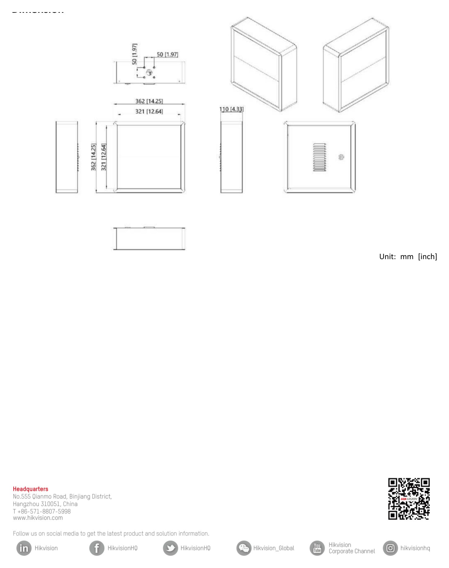 DS-TVL222-2-10P 外形尺寸圖 362 mm × 362 mm × 110 mm (14.25 × 14.25 × 4.33 inch)｜重量 6 ± 0.2 kg (13.23 ± 0.44 lb.)｜Unit: mm