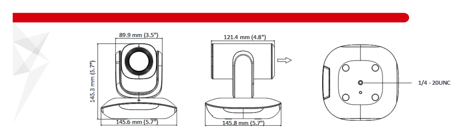 DS-U102 外形尺寸圖 145.3 mm × 145.6 mm × 145.8 mm (5.7" × 5.7" × 5.7")｜重量 Approx. 925 g (2.04 lb.) Red: Standby Blue: Normally Working LED